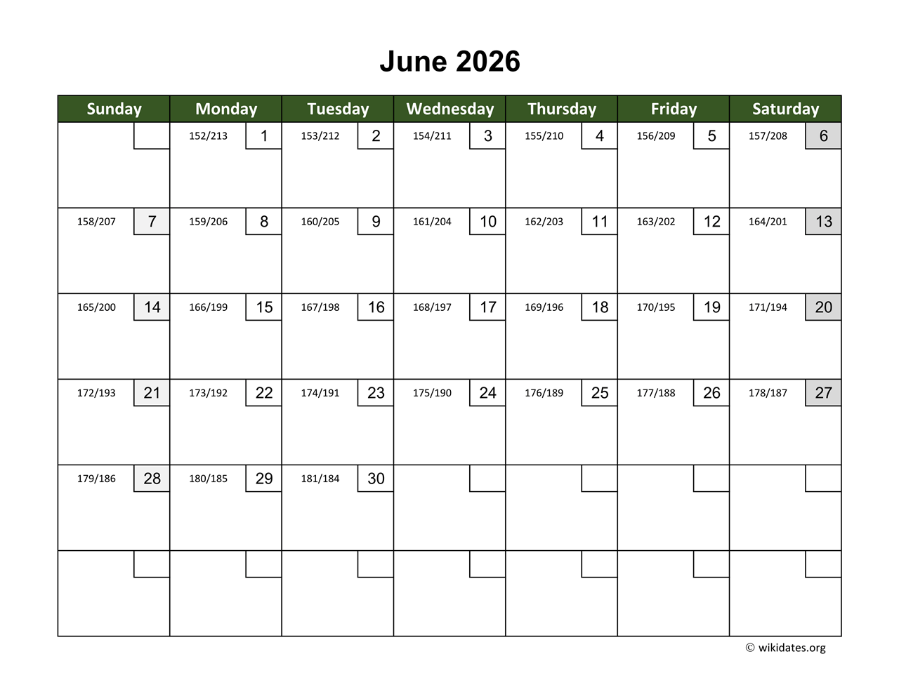 June 2026 Calendar With Day Numbers WikiDates