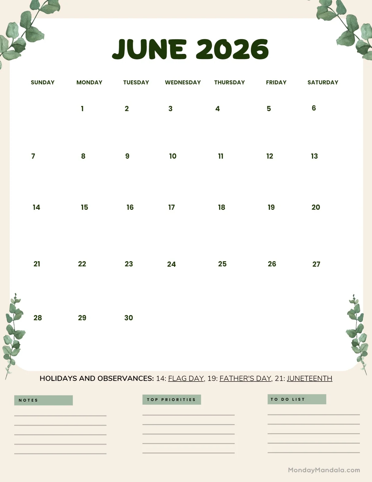Calendar For June 2026 Printable