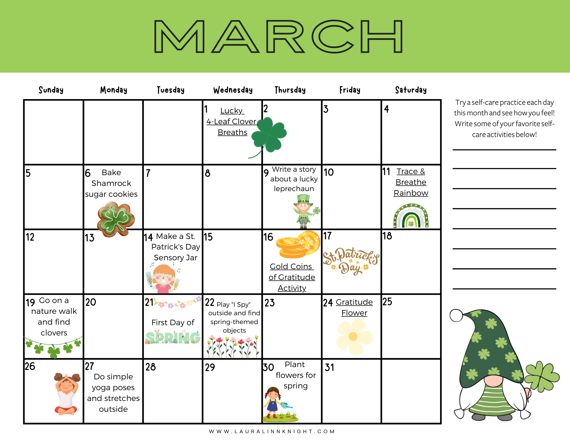 March 2023 Self Care Calendar For Kids FREE Printable Calendar Laura Linn Knight