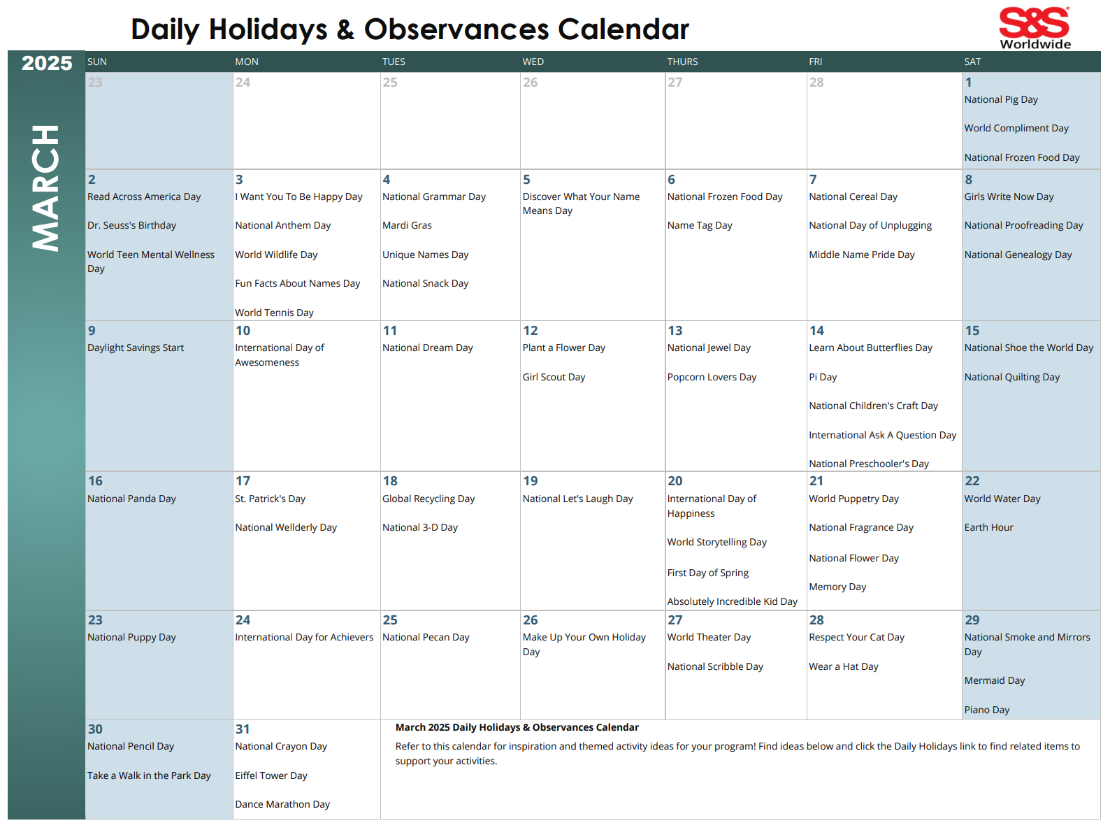 March Daily Holidays Observances Printable Calendar S S Blog