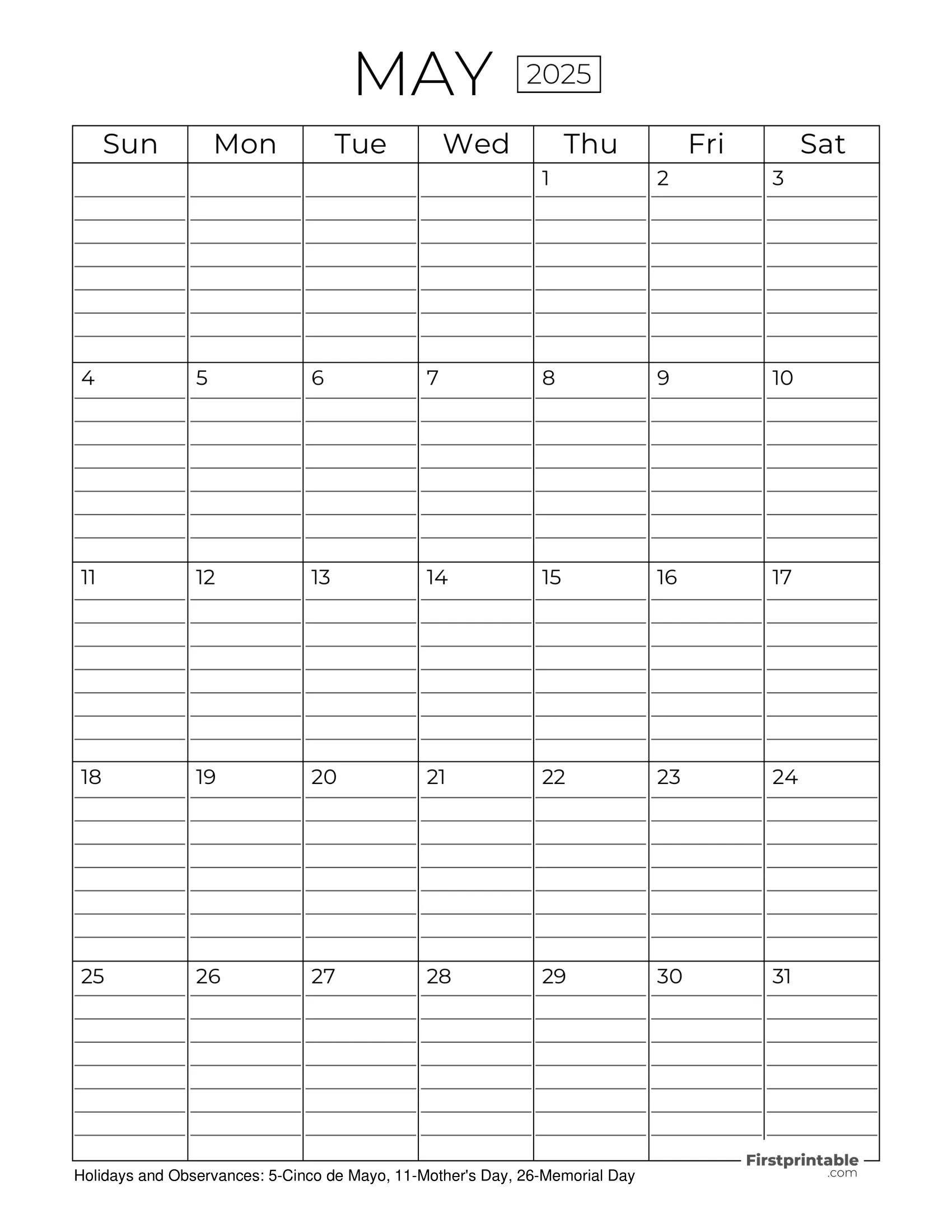 May 2025 Calendars Free Printable Fillable