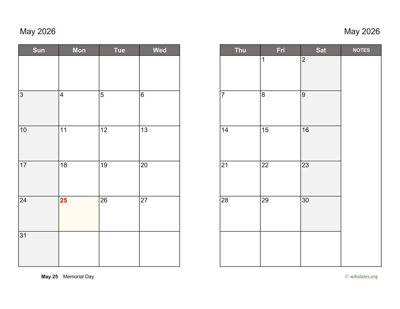 May 2026 Calendar On Two Pages WikiDates