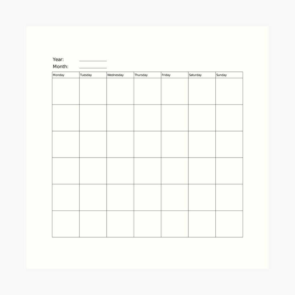 Minimalist Blank Monthly Calendar With Monday Start Magnet For Sale By SimpleModernSVG Redbubble