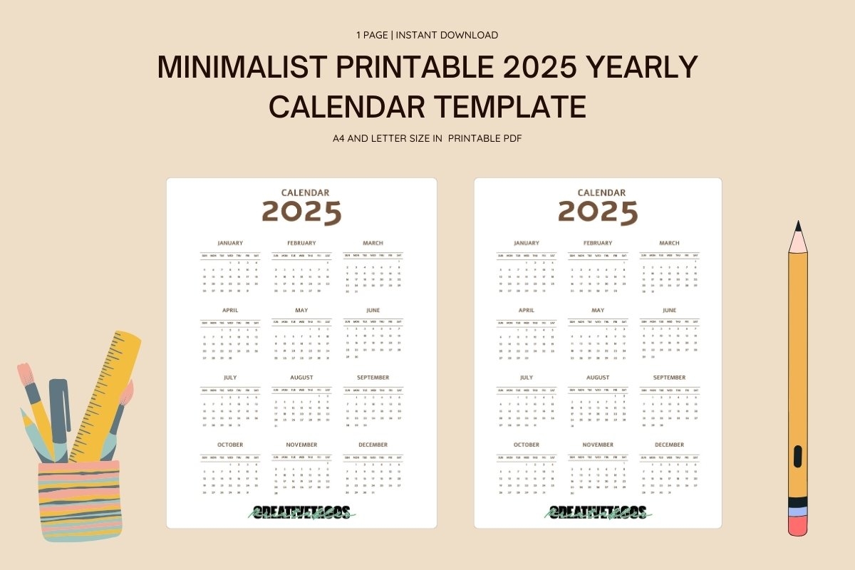 Minimalist Printable 2025 Yearly Calendar Template