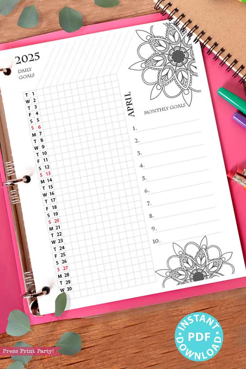 Monday Start 2025 Calendar Printable Set For Bullet Journals Or Binders Mandala for Bullet Journals Or Binders 