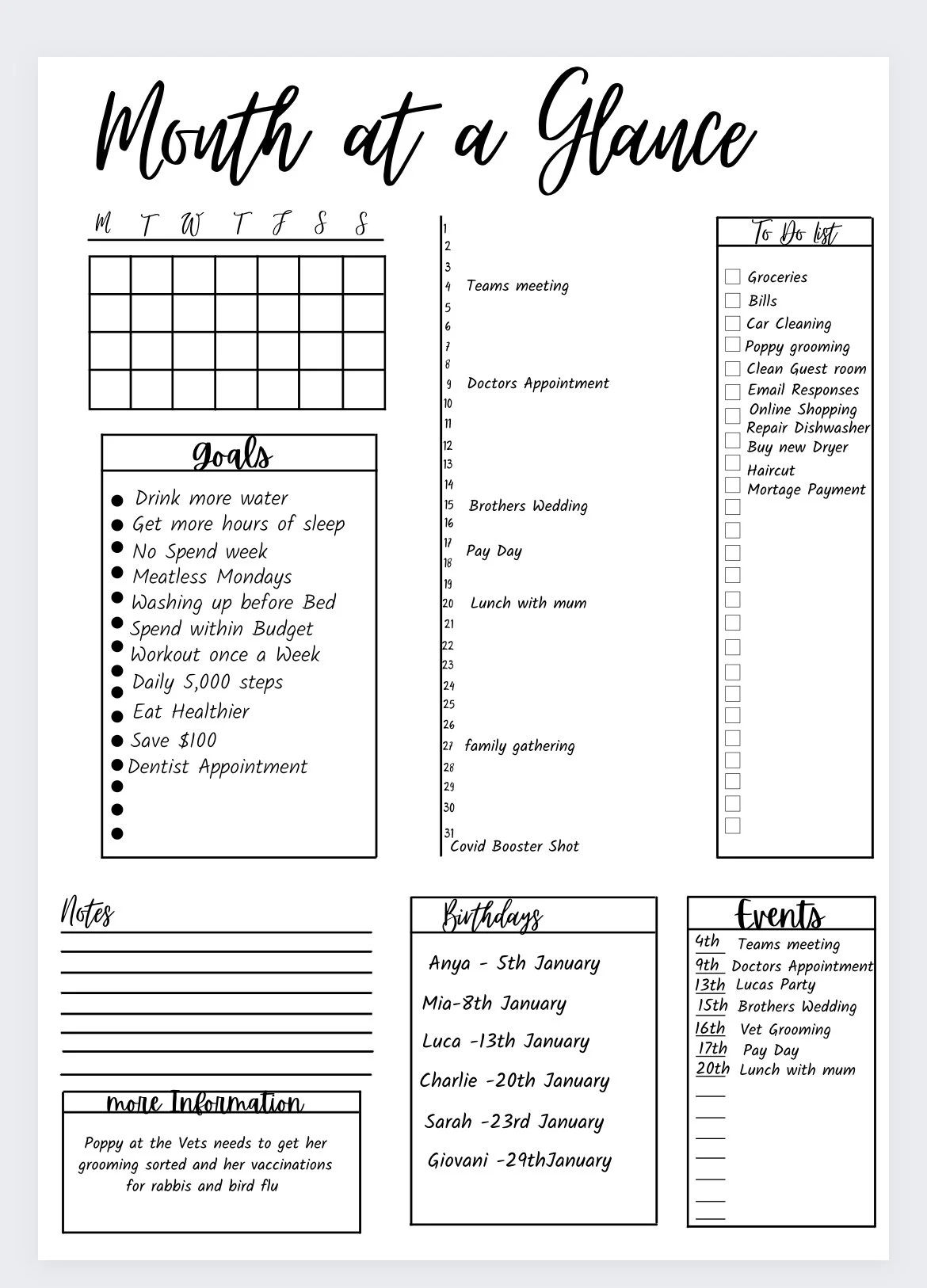 Month At A Glance Monthly Planner Monthly Goals 2022 Calendar Happy Planner Monthly Overview Monthly Tracker bullet Journal bullet Plan Etsy