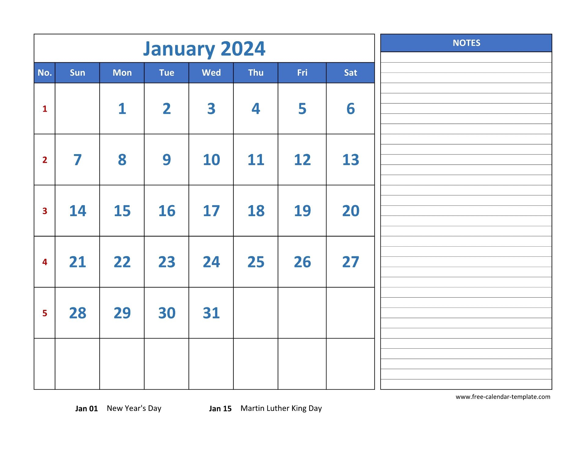 Monthly Calendar 2024 Grid Lines For Holidays And Notes horizontal Free Calendar template