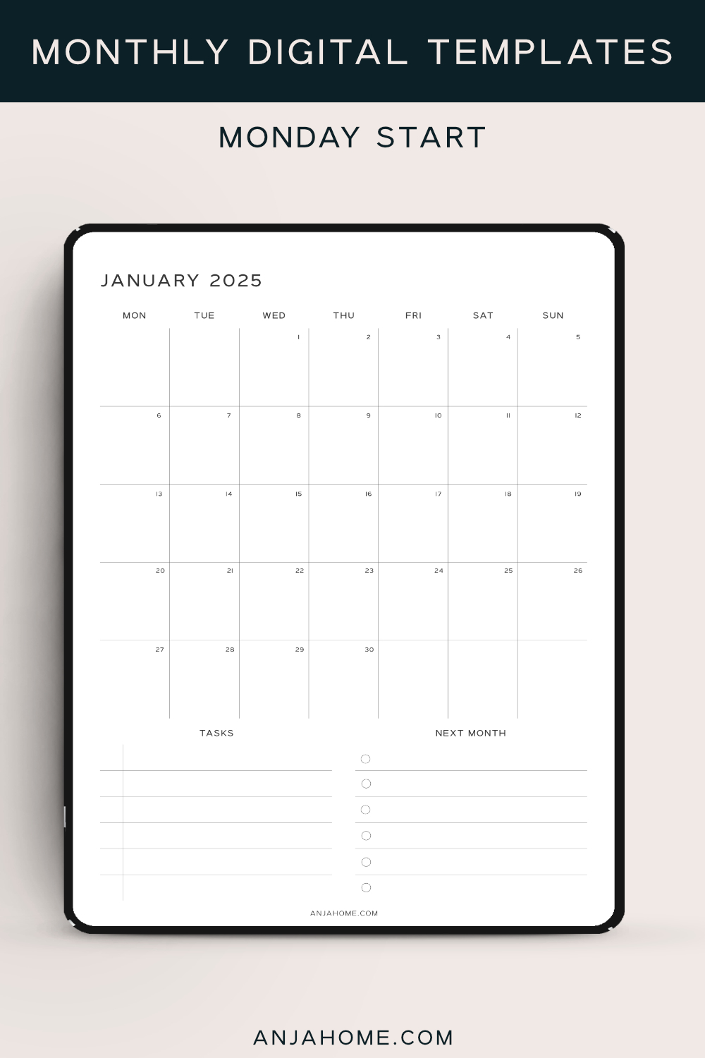 Monthly Calendar Digital Template 2025 AnjaHome