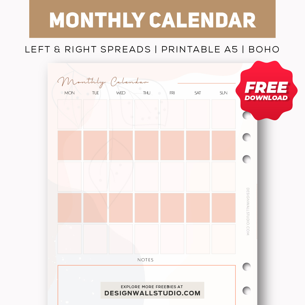 Monthly Calendar Printable Insert A5 Free PDF Download Two Page Layout 2 Versions