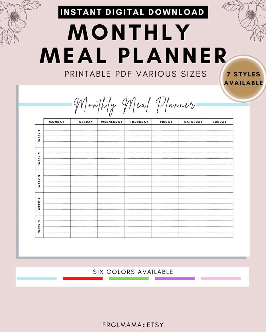 Monthly Meal Planner Meal Planner Printable Monthly Menu Planner Sunday monday Start A4 A5 Us half Letter PDF Instant Download Etsy