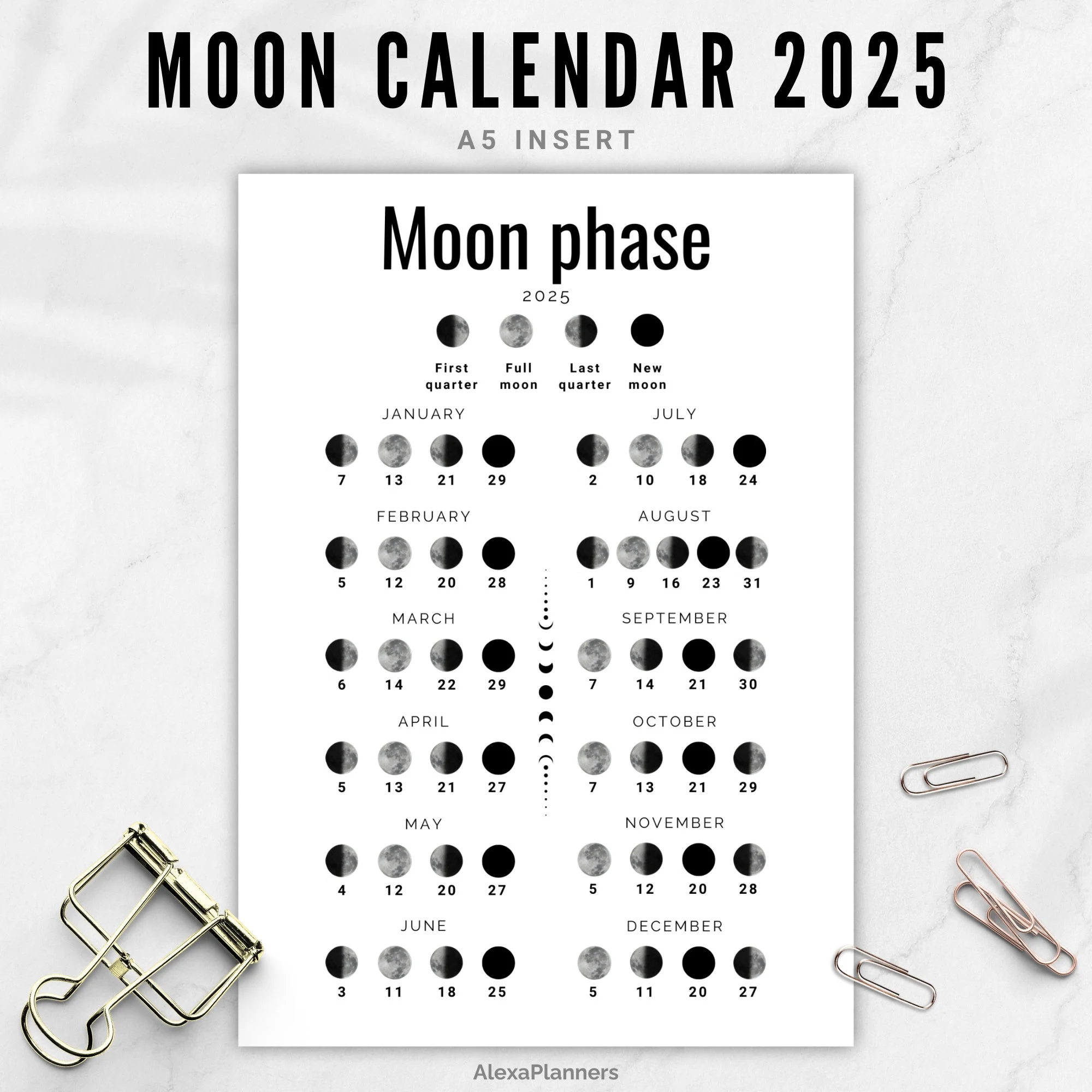 Moon Phase Calendar 2025 Lunar Calendar A5 Planner Inserts Etsy