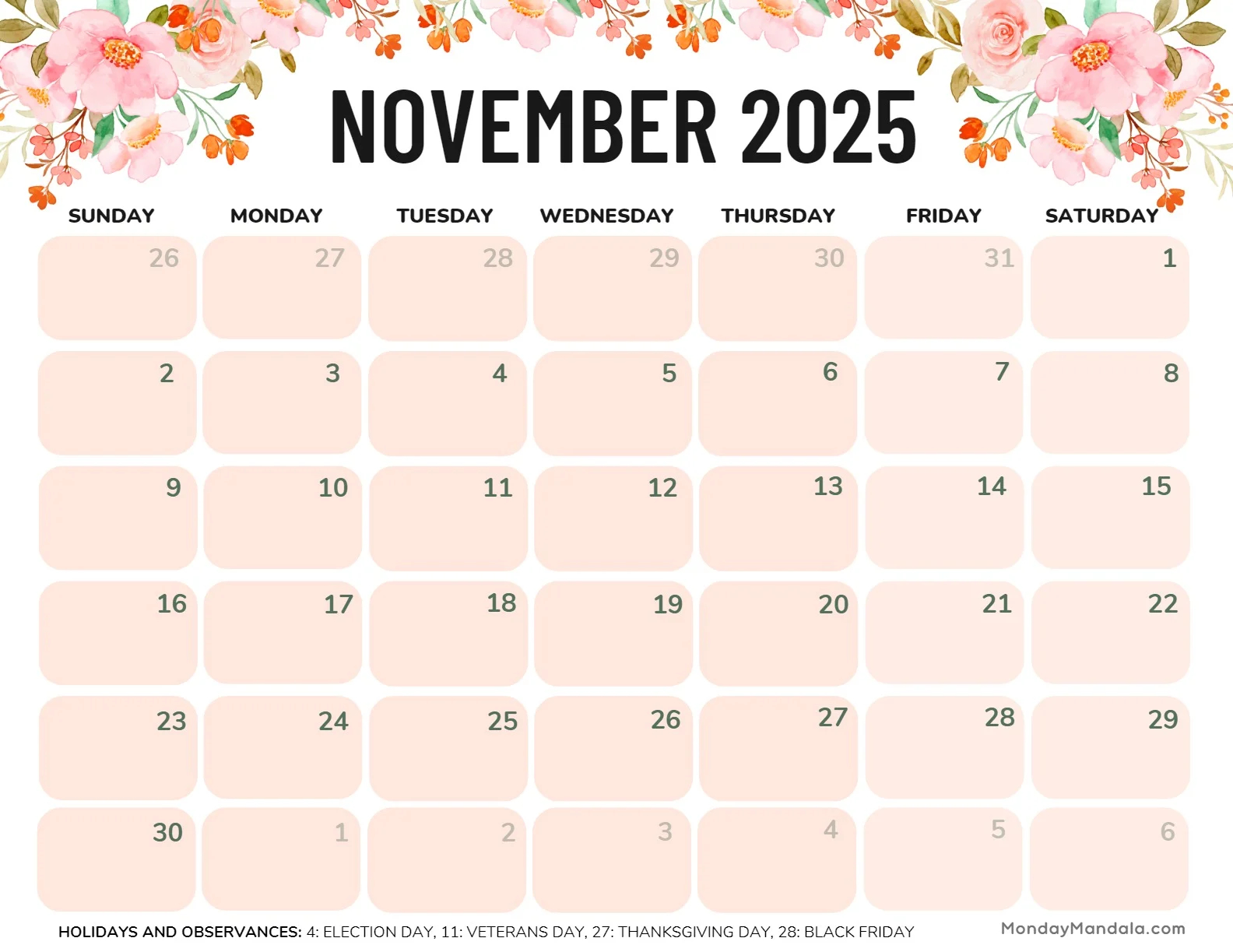 Printable November Calendars 2025