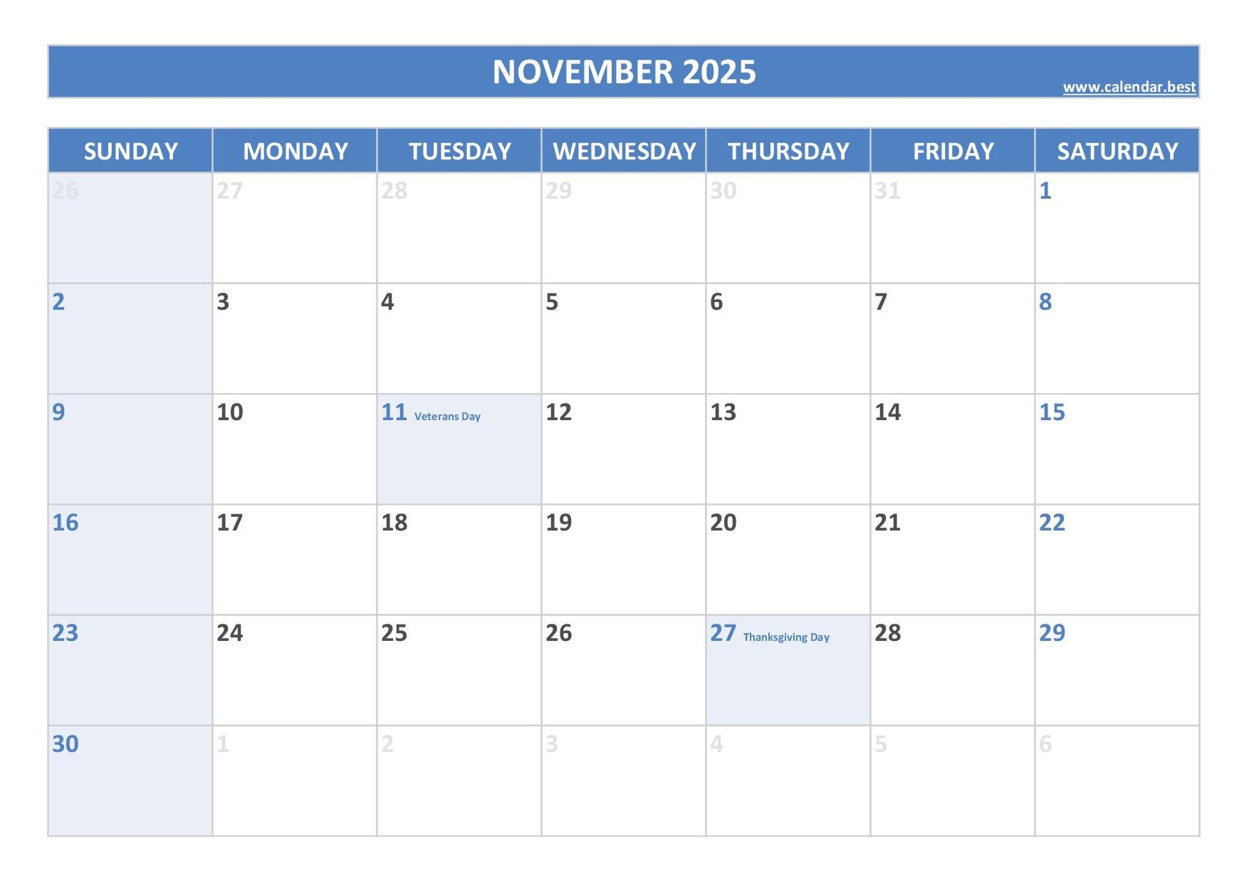Printable Editable Calendar November 2025