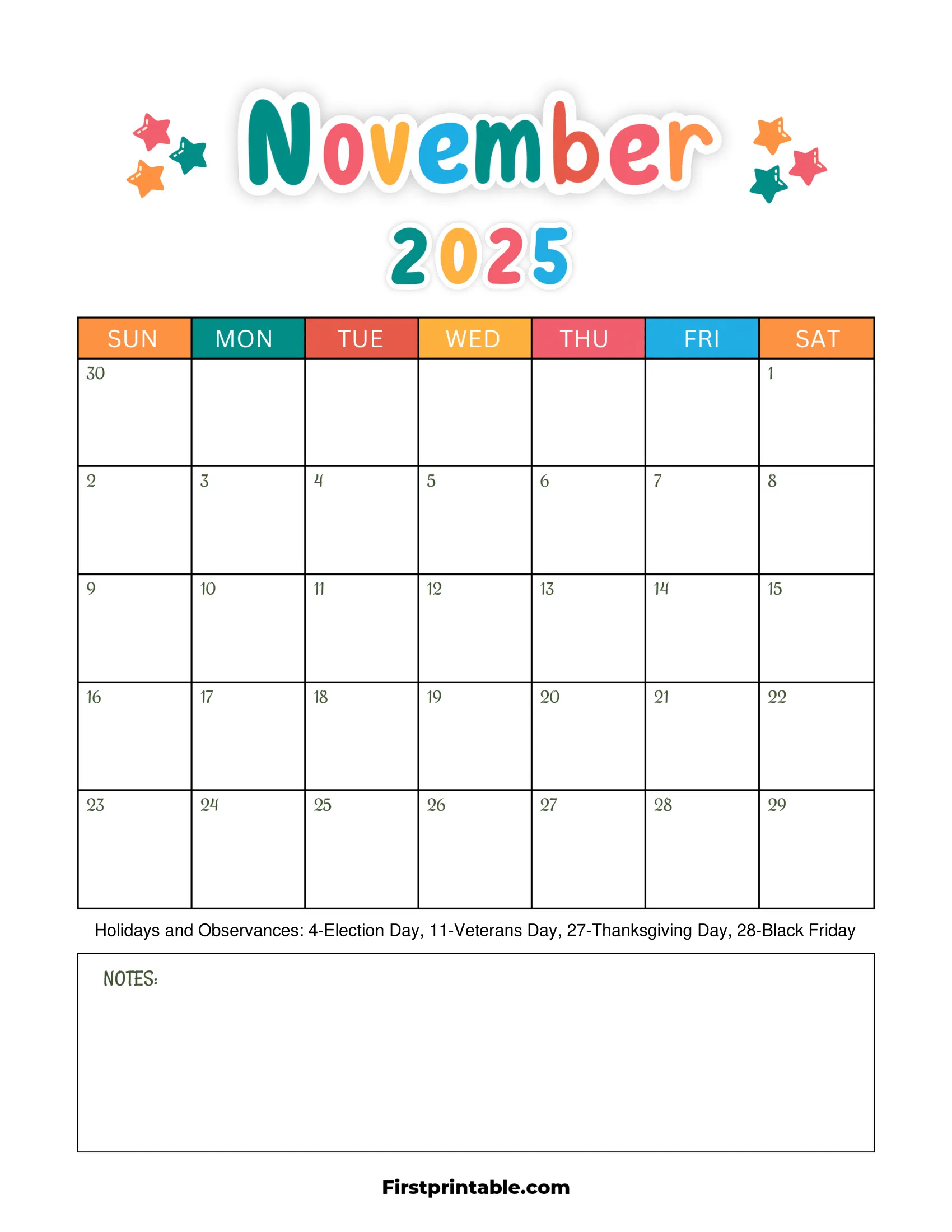 November 2025 Calendars Free Printable Fillable