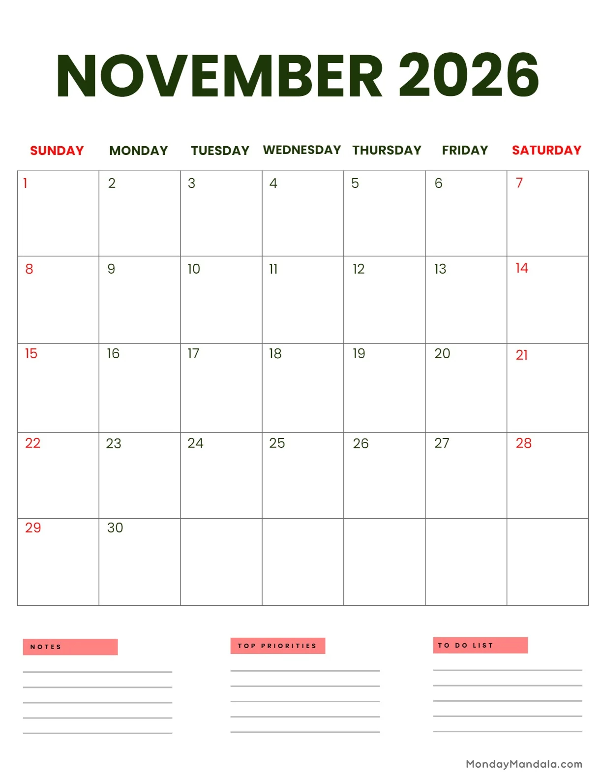 November 2026 Calendars 52 Free Printable PDFs 