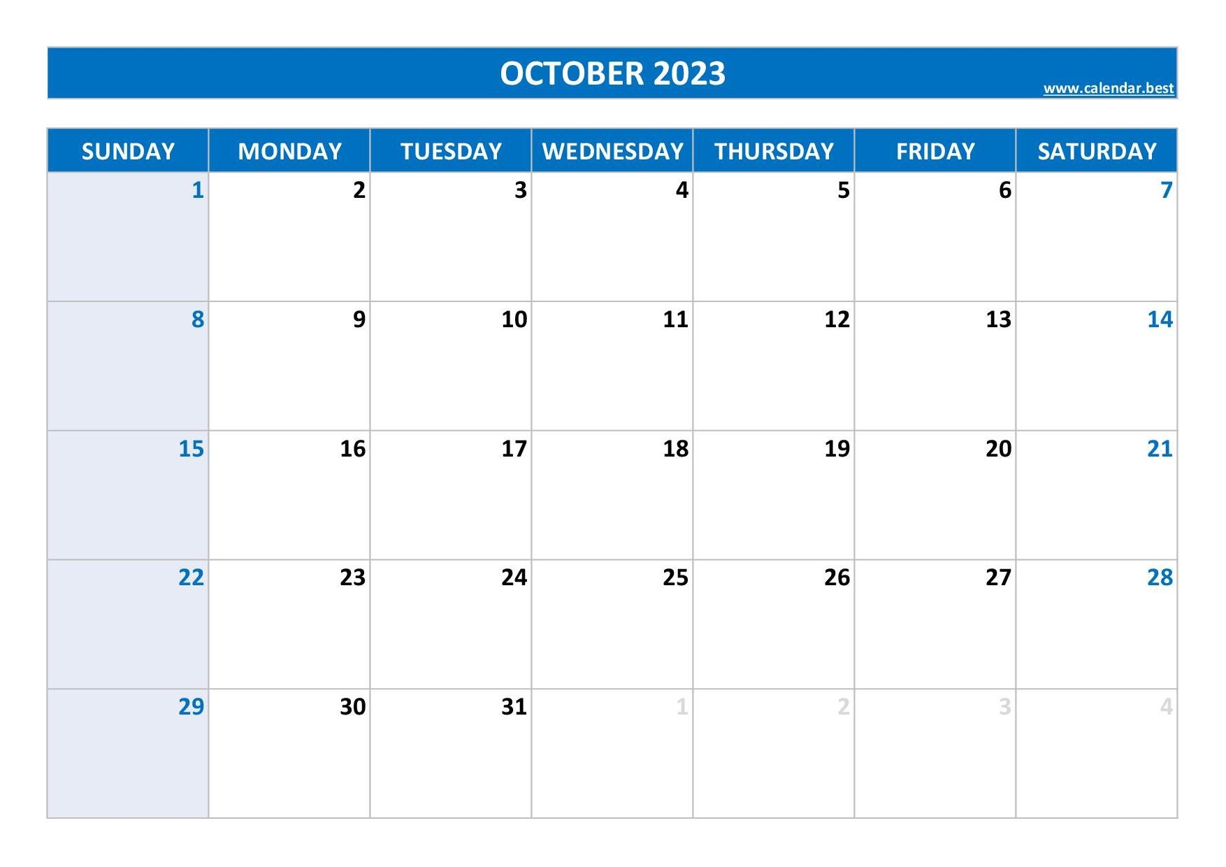 October 2023 Calendar Calendar best