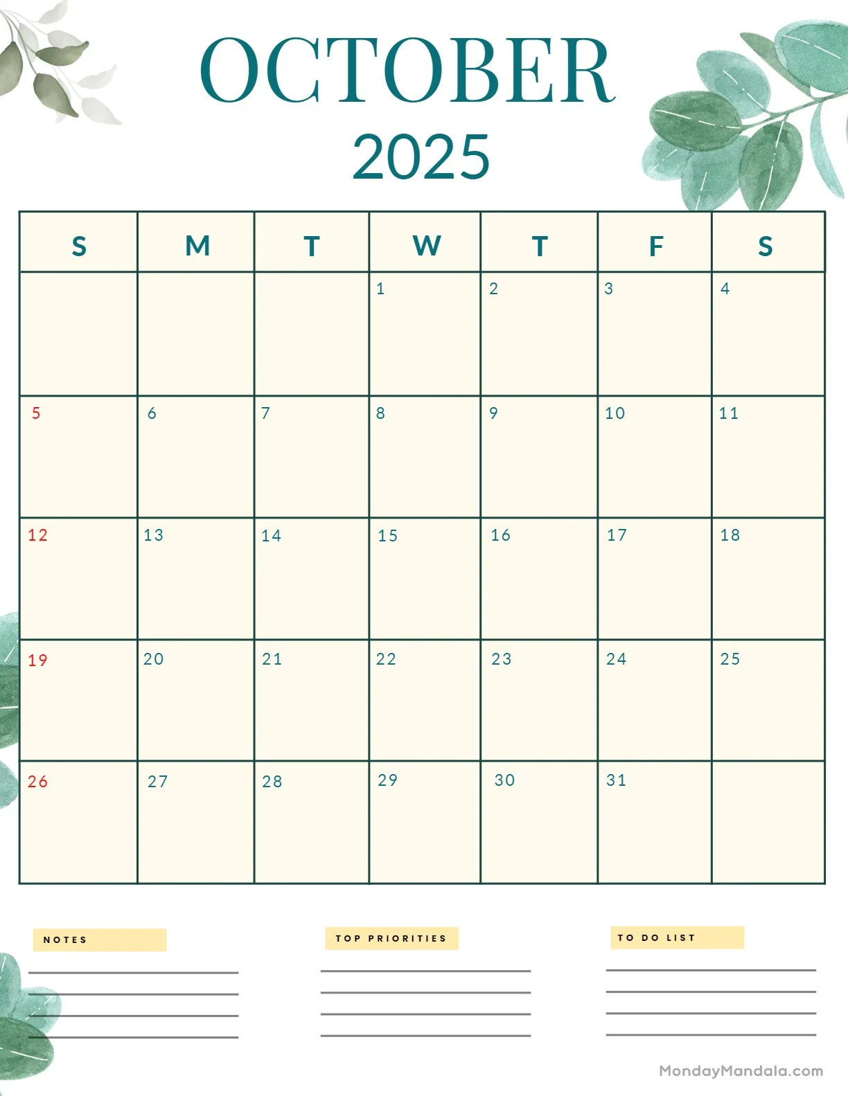 October Calendar 2025 Printable Portrait Cute