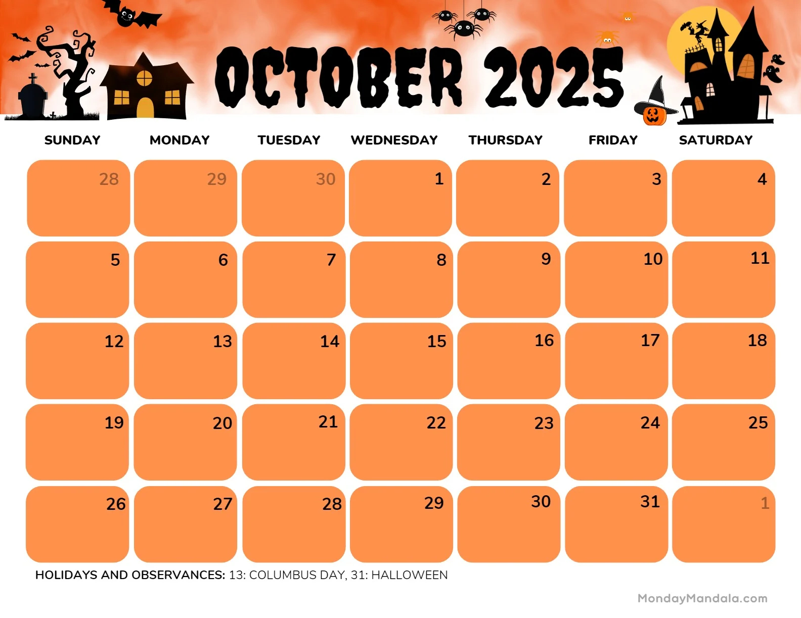 October 2025 Calendar Printable Template