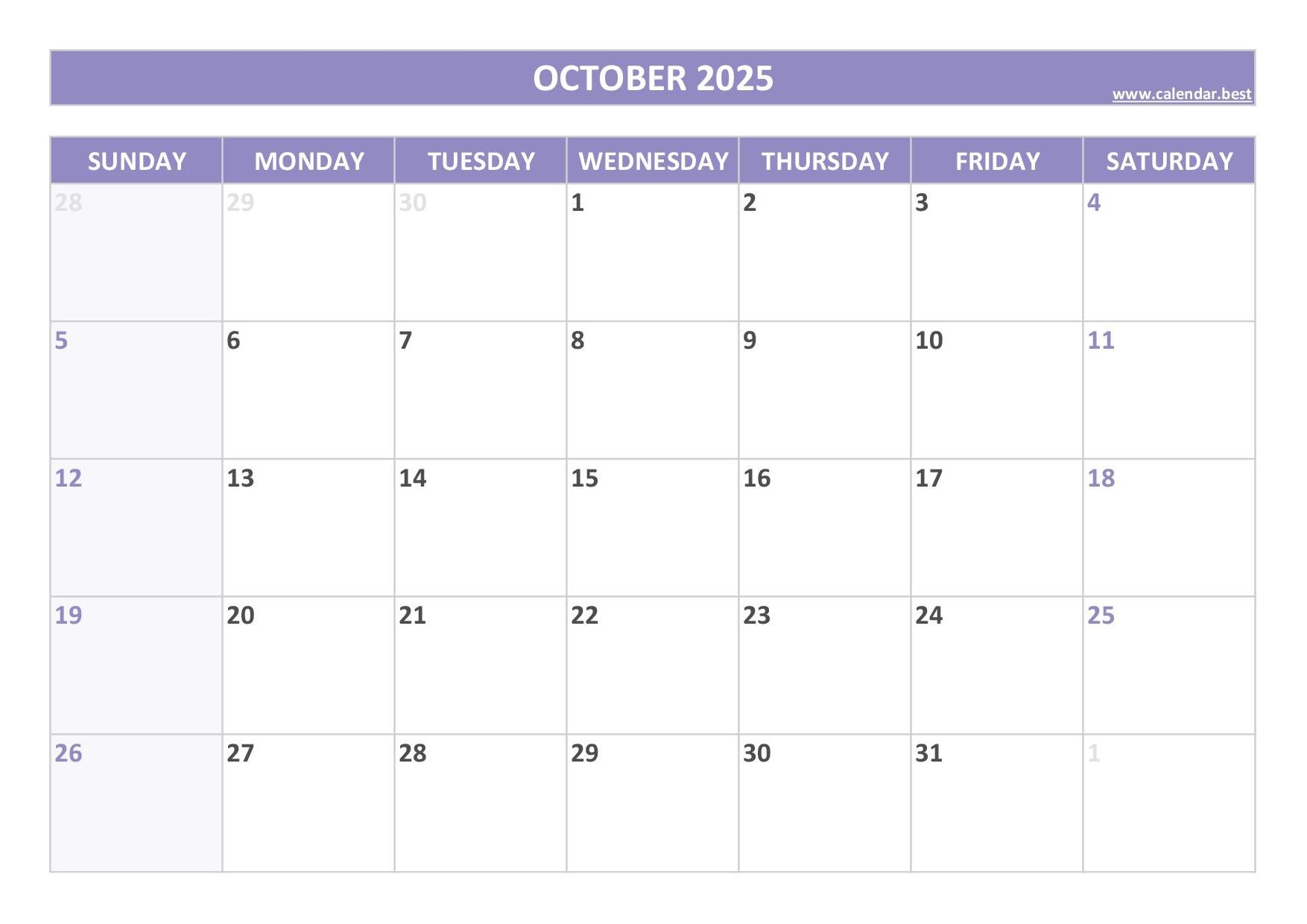 October 2025 Calendar Calendar best