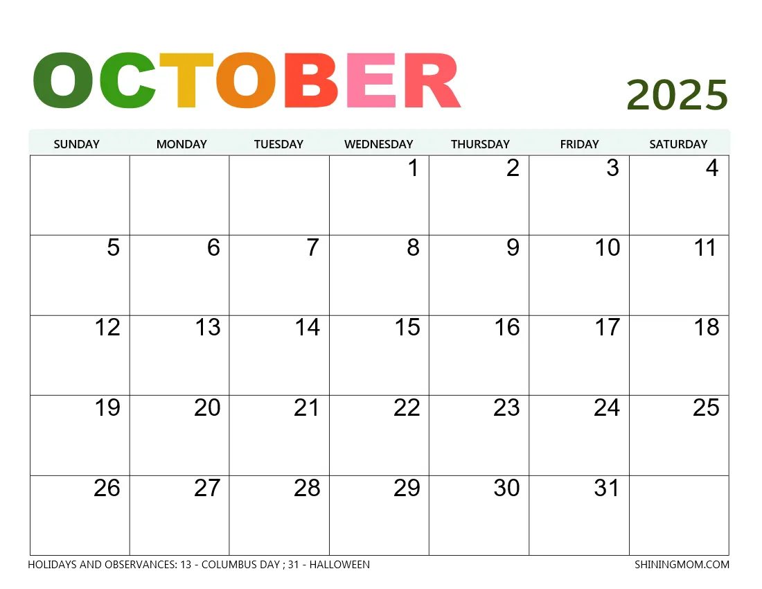Free Printable October Calendar 2025