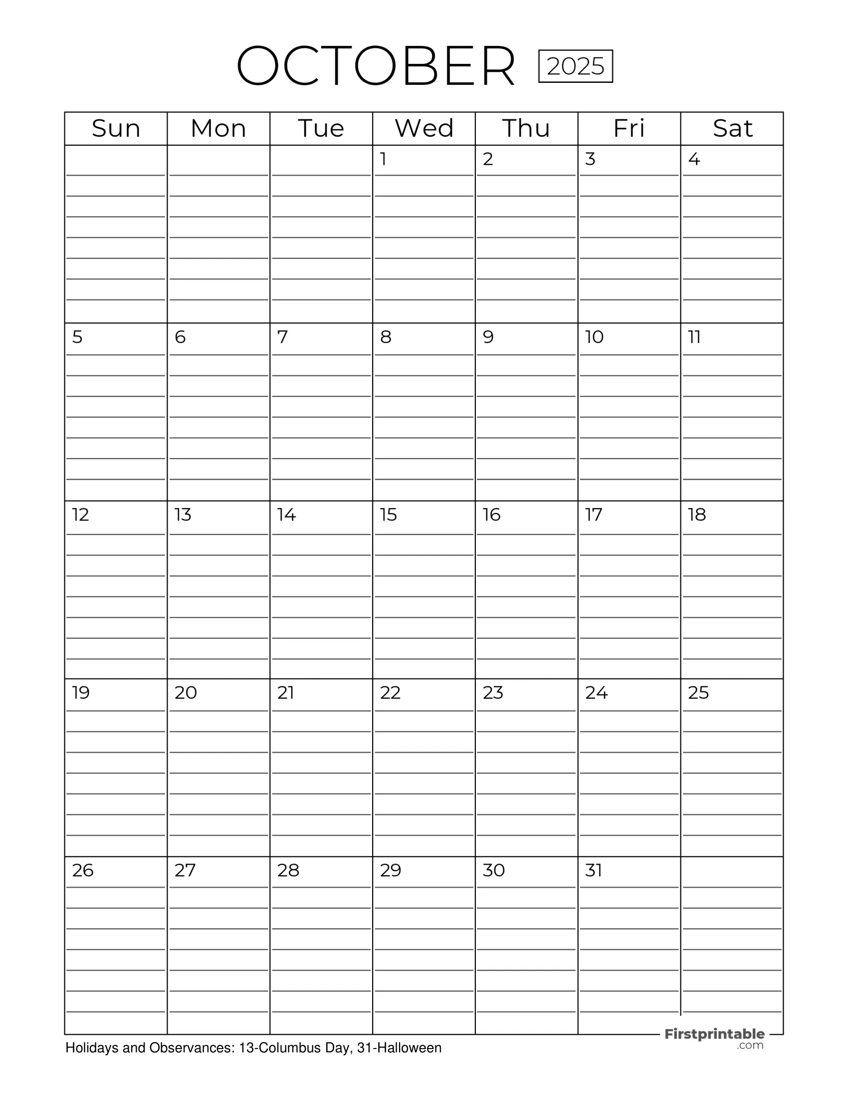 October 2025 Calendars Free Printable Fillable
