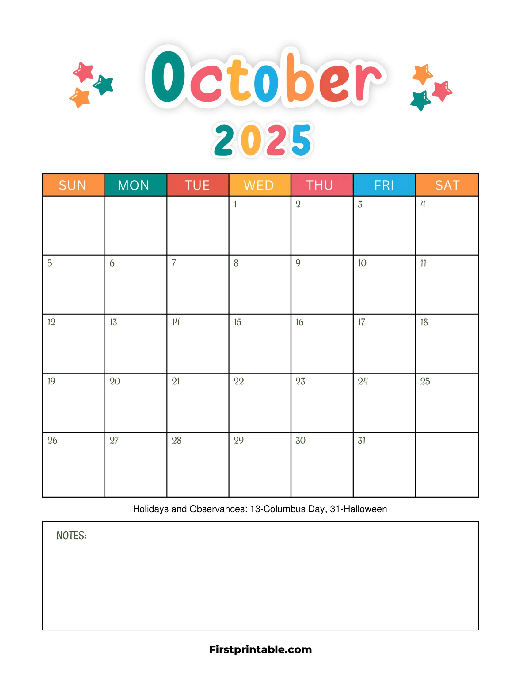 Calendar Printable October 2025