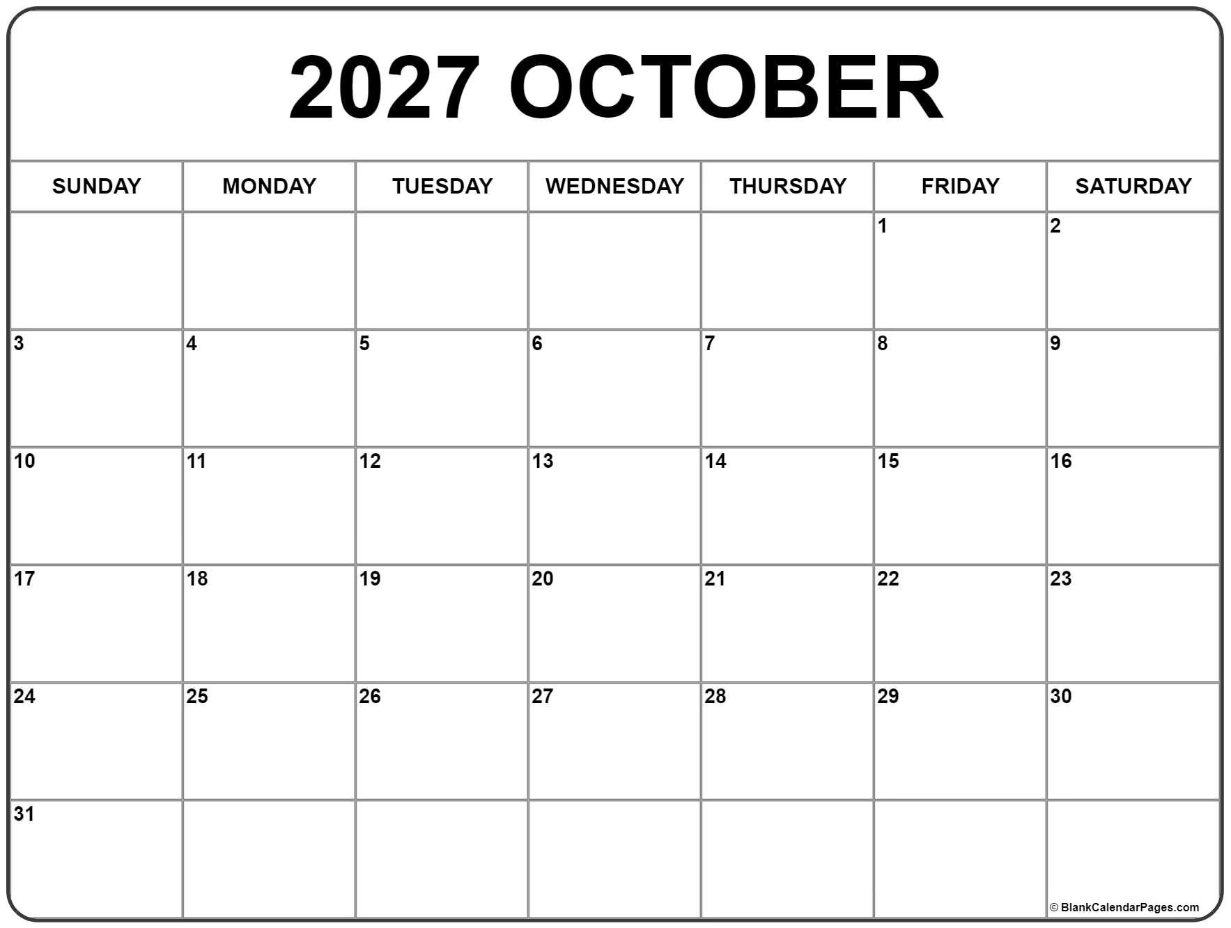 October 2027 Calendar Free Printable Calendars