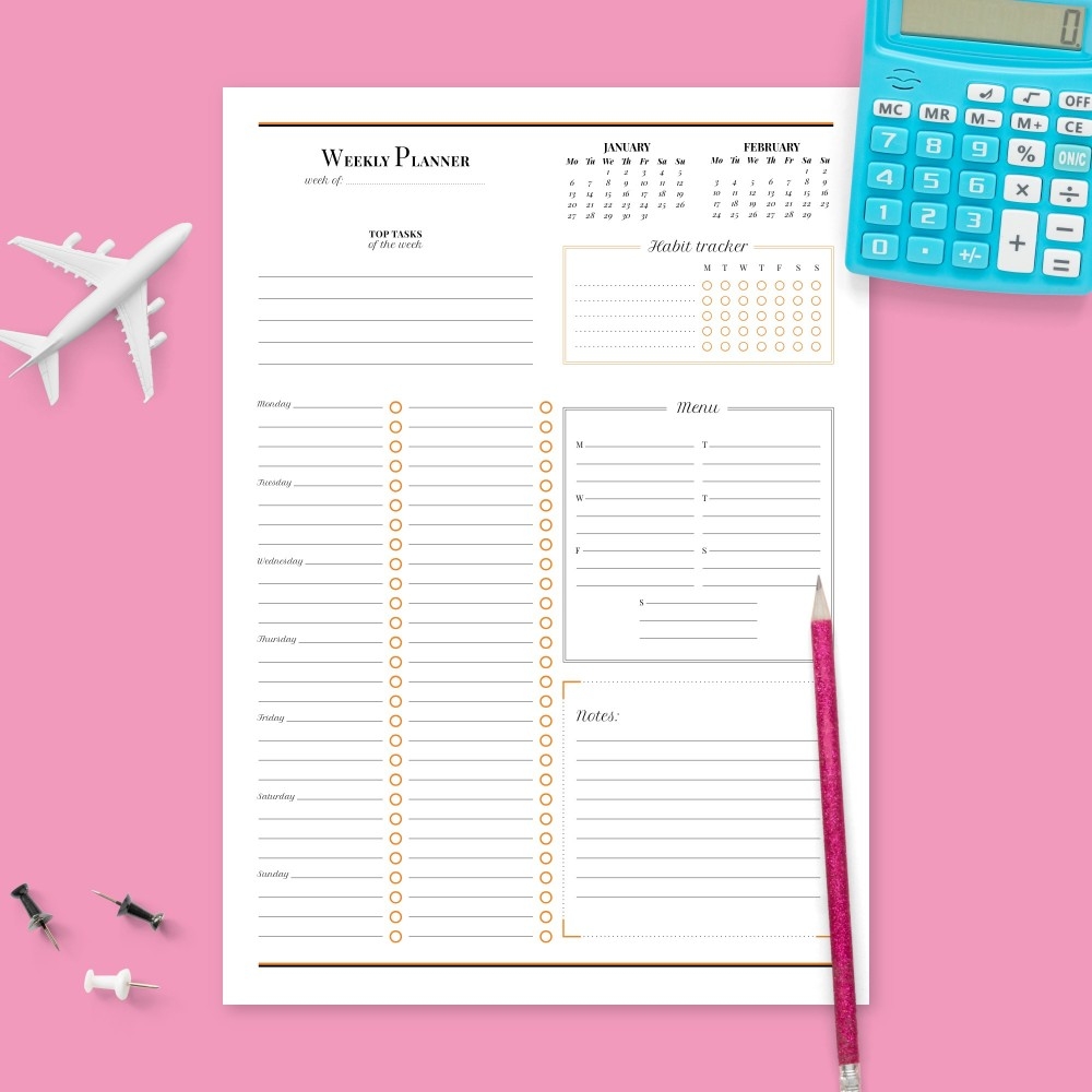 One Page Weekly Planner With Calendar Template Printable PDF