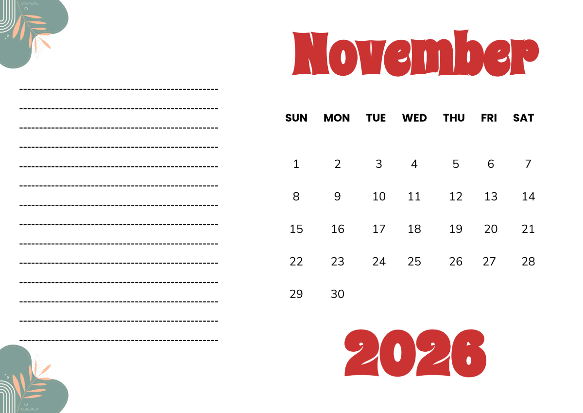 Blank Calendar November 2026 Printable