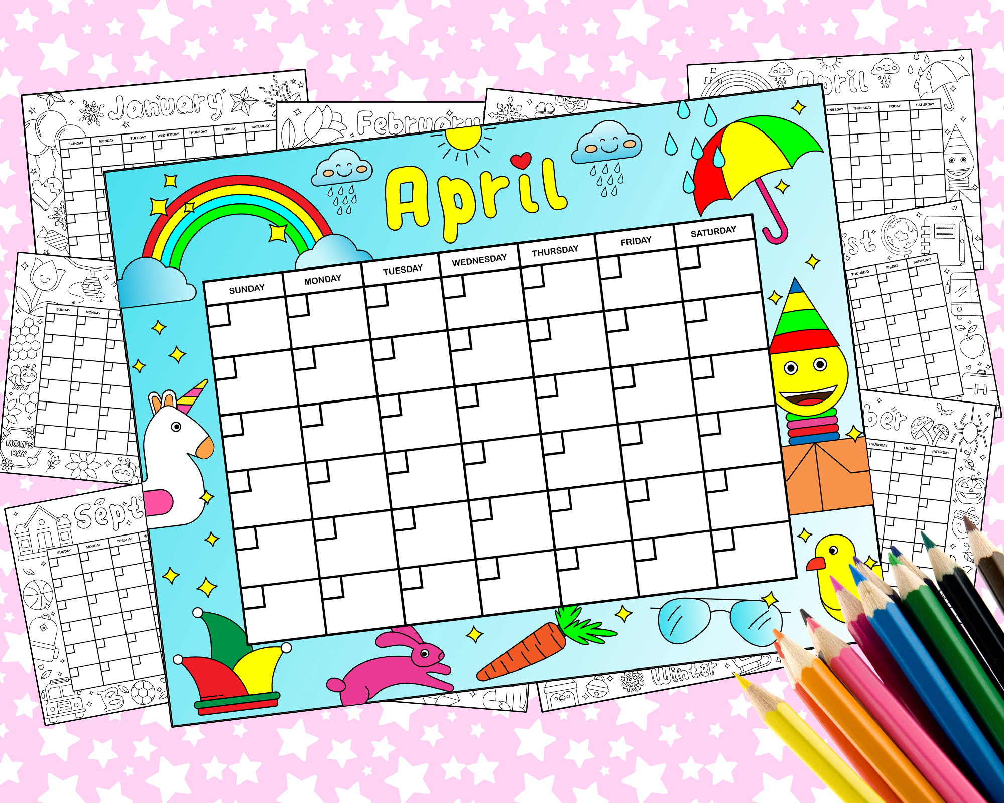 PDF 12 Months Kawaii Kids Coloring Perpetual Calendar Printable Cute Calendar To Color Made By Teachers