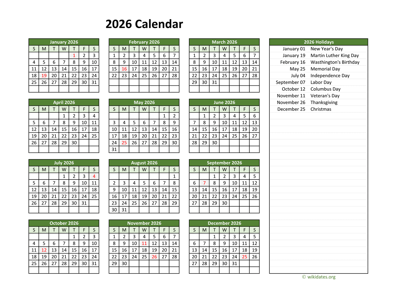 Free Printable 2026 Calendar Blank
