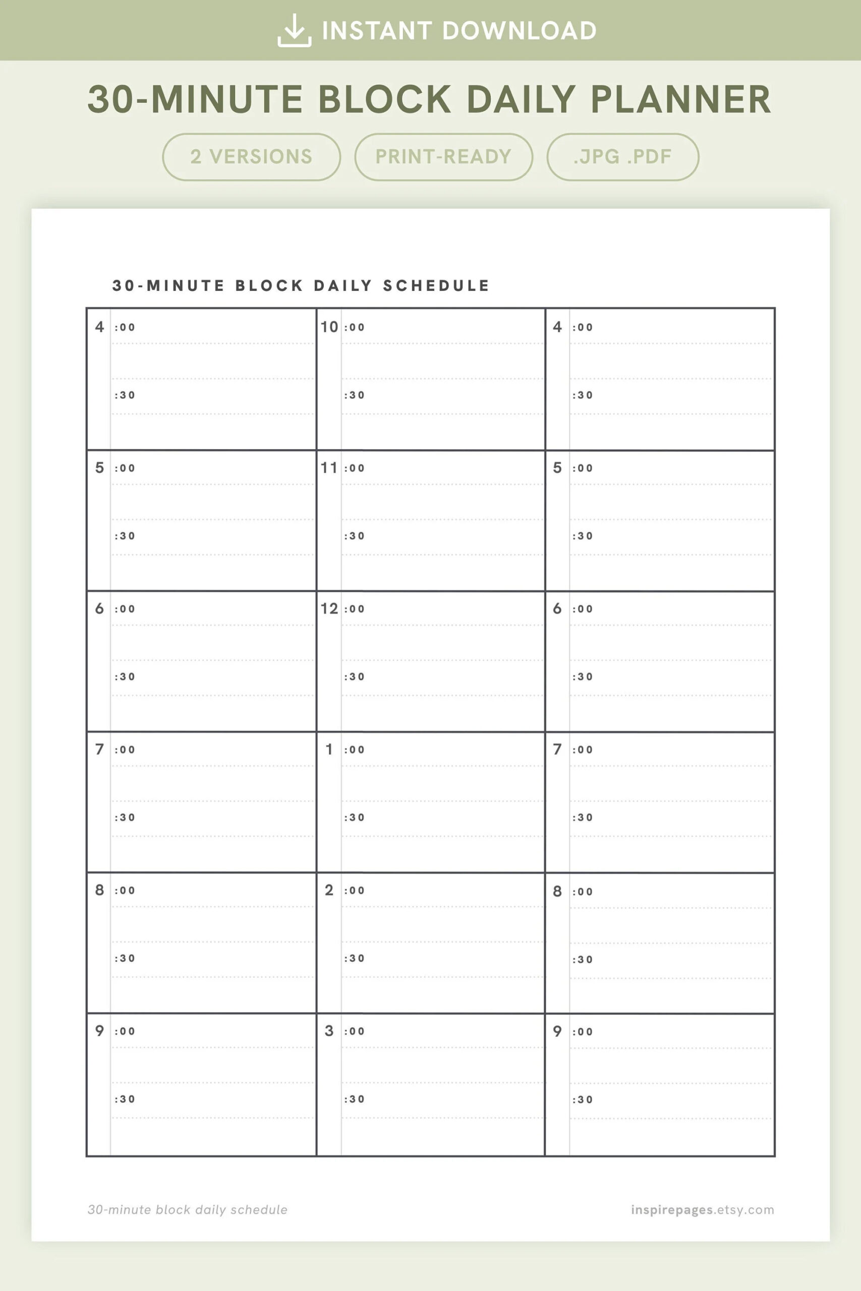 Printable 30 minute Block Daily Planner Daily Schedule Portrait Format For Letter Half Letter A4 A5 Etsy
