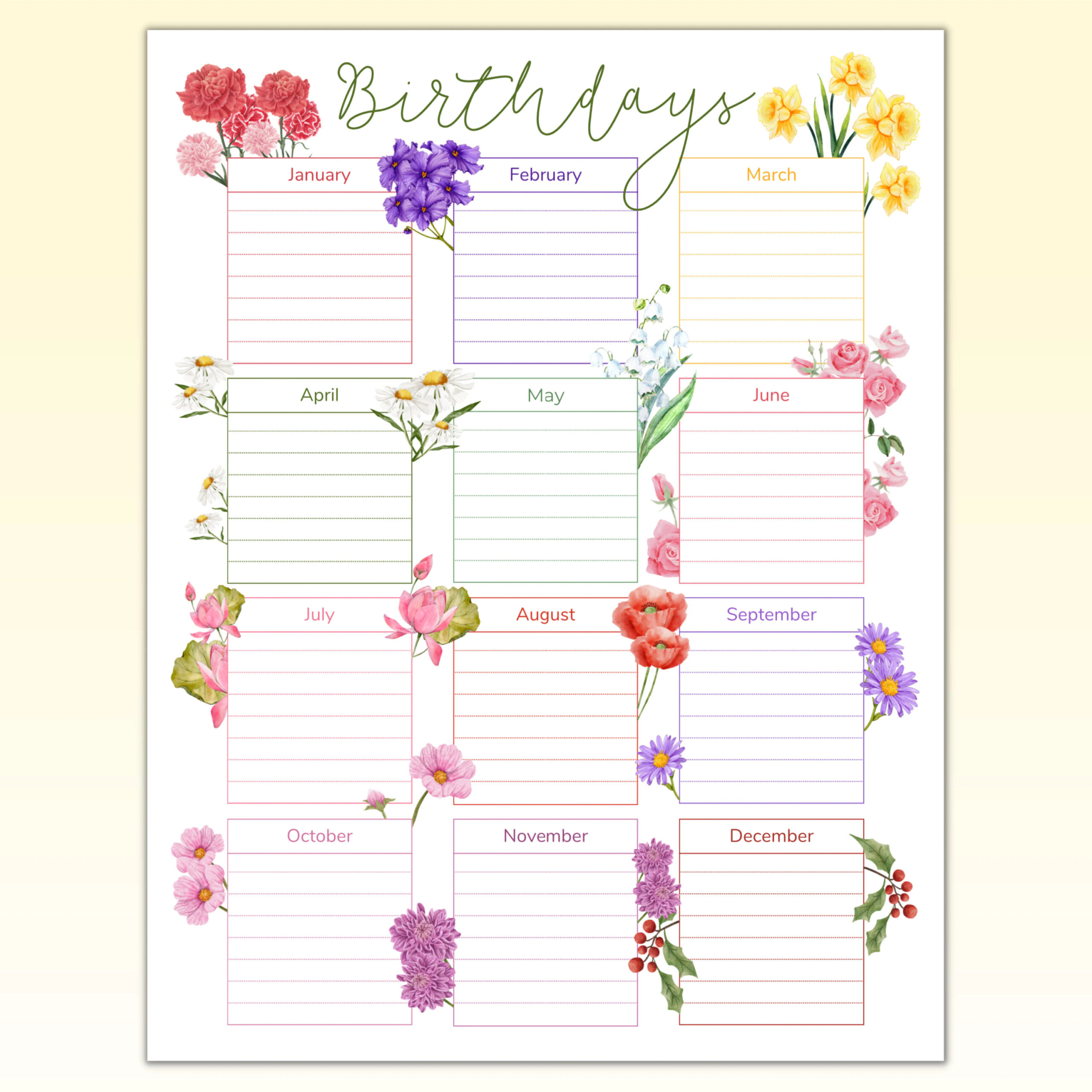 Printable Birthday Tracker Birth Month Flowers Calendar Birthday Reminder Board Yearly Event Scheduler Etsy
