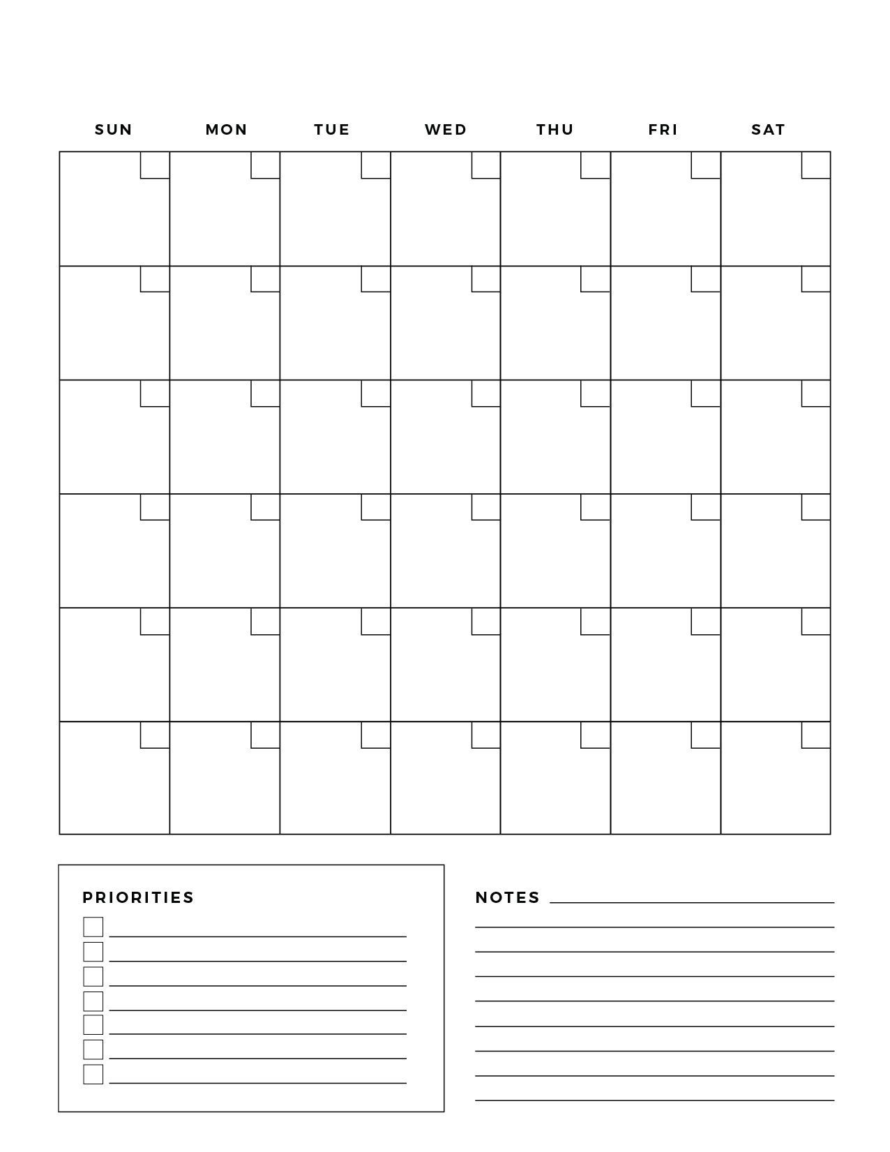 Printable Blank Calendar With Notes And Priorities