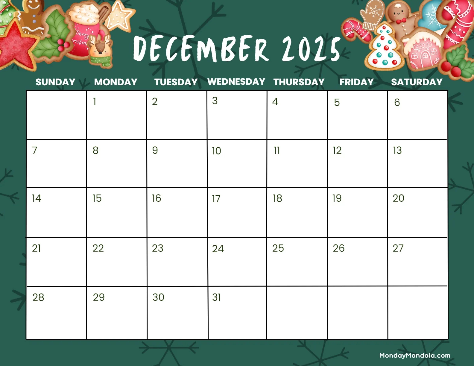 Printable Pretty December 2025 Calendar