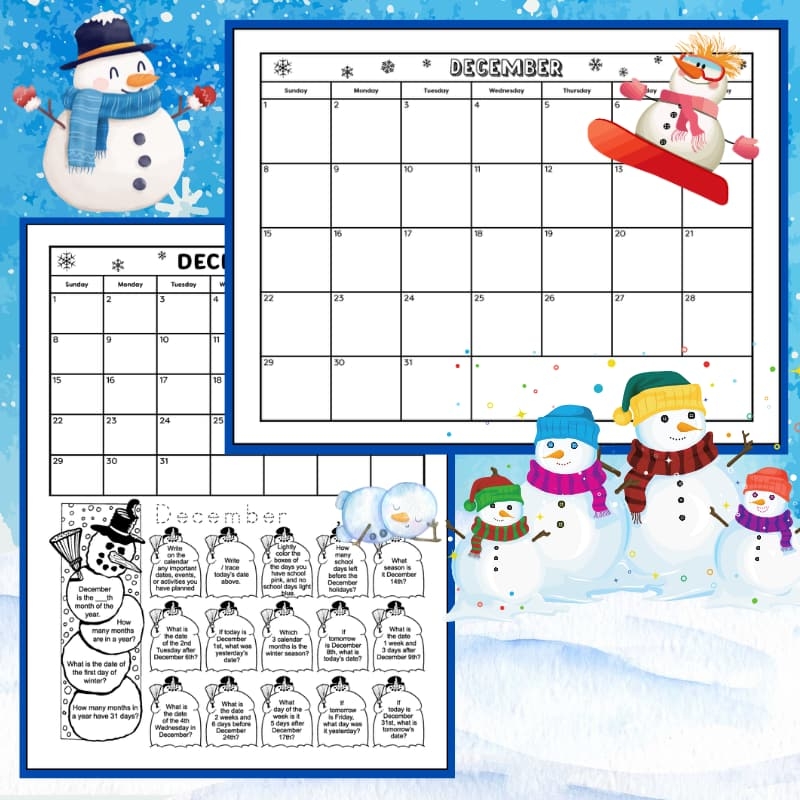 Printable December 2025 Calendar Worksheets