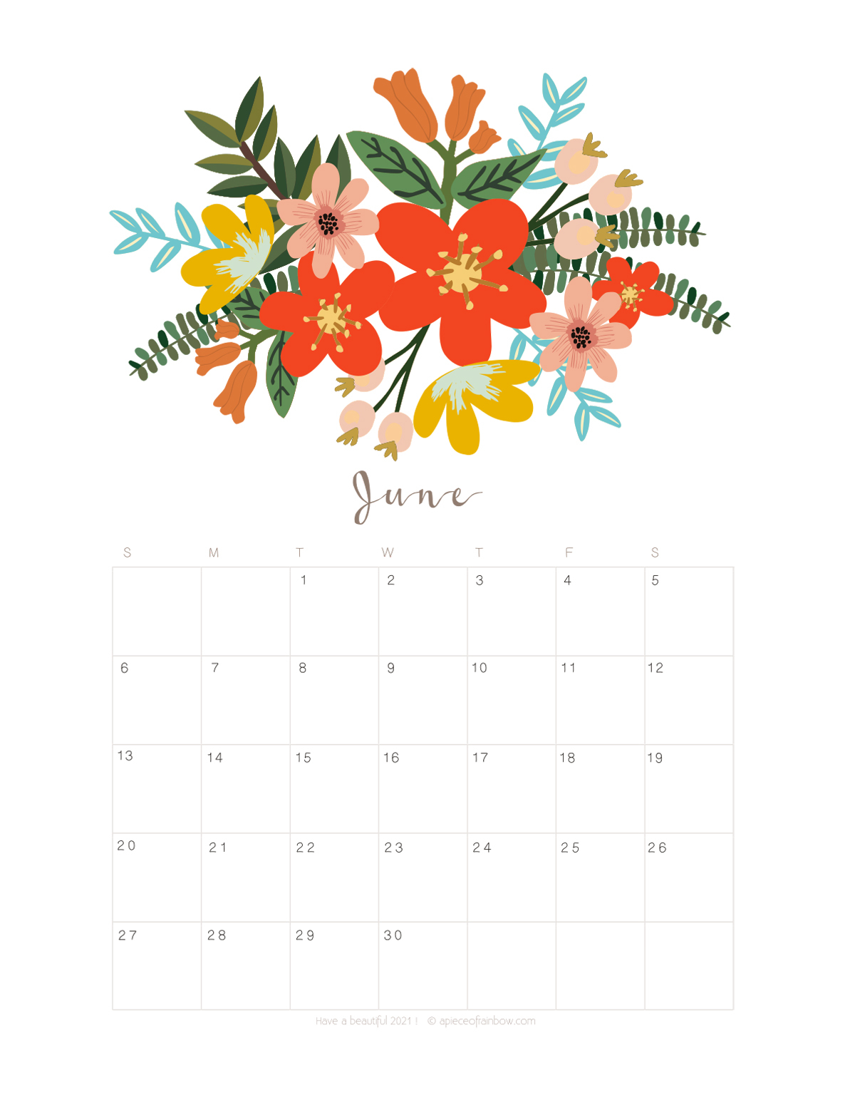 Printable June 2021 Calendar Monthly Planner 2 Designs Flowers Modern A Piece Of Rainbow