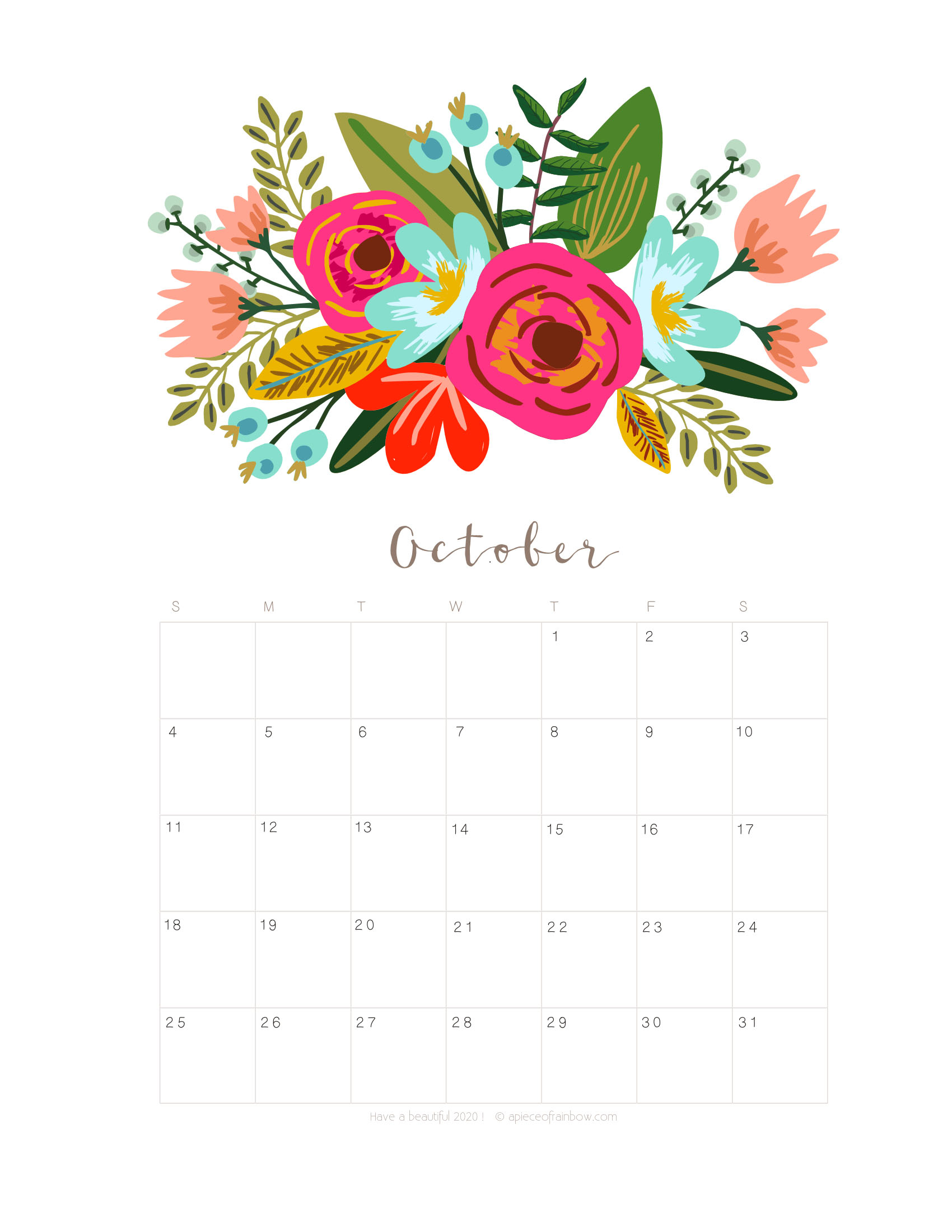 Printable Monthly Calendar October