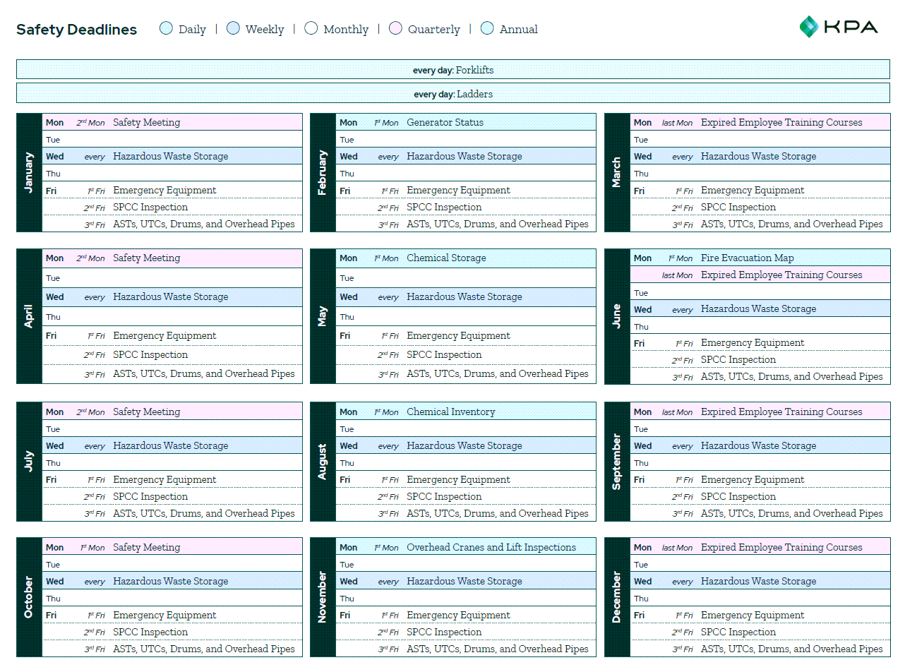Printable Safety Calendar To Stay On Top Of Deadlines KPA