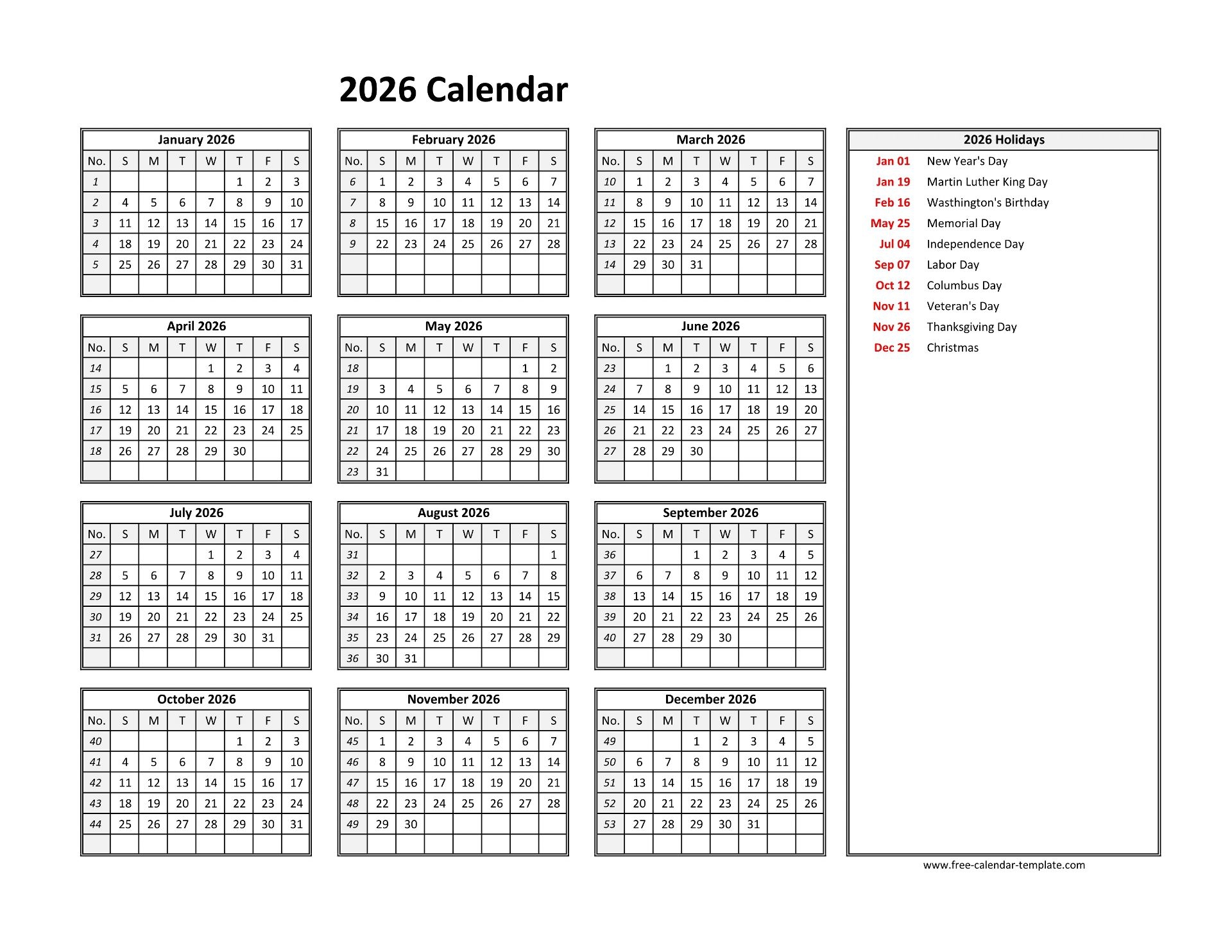 Free Blank Calendar 2026 Printable Free Blank Calendar 2026 Printable