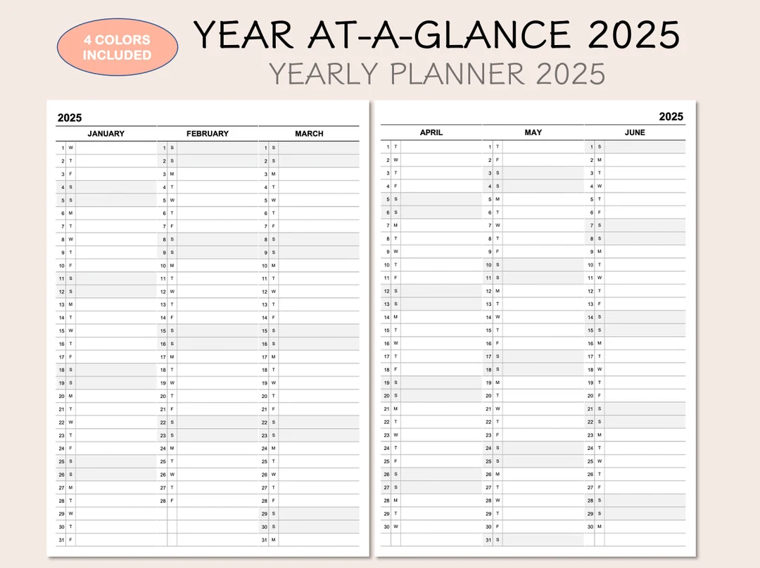 Printable Yearly Planner Calendar 2025 Yearly Overview 2025 Year At a glance 2025 4 Colors Etsy UK
