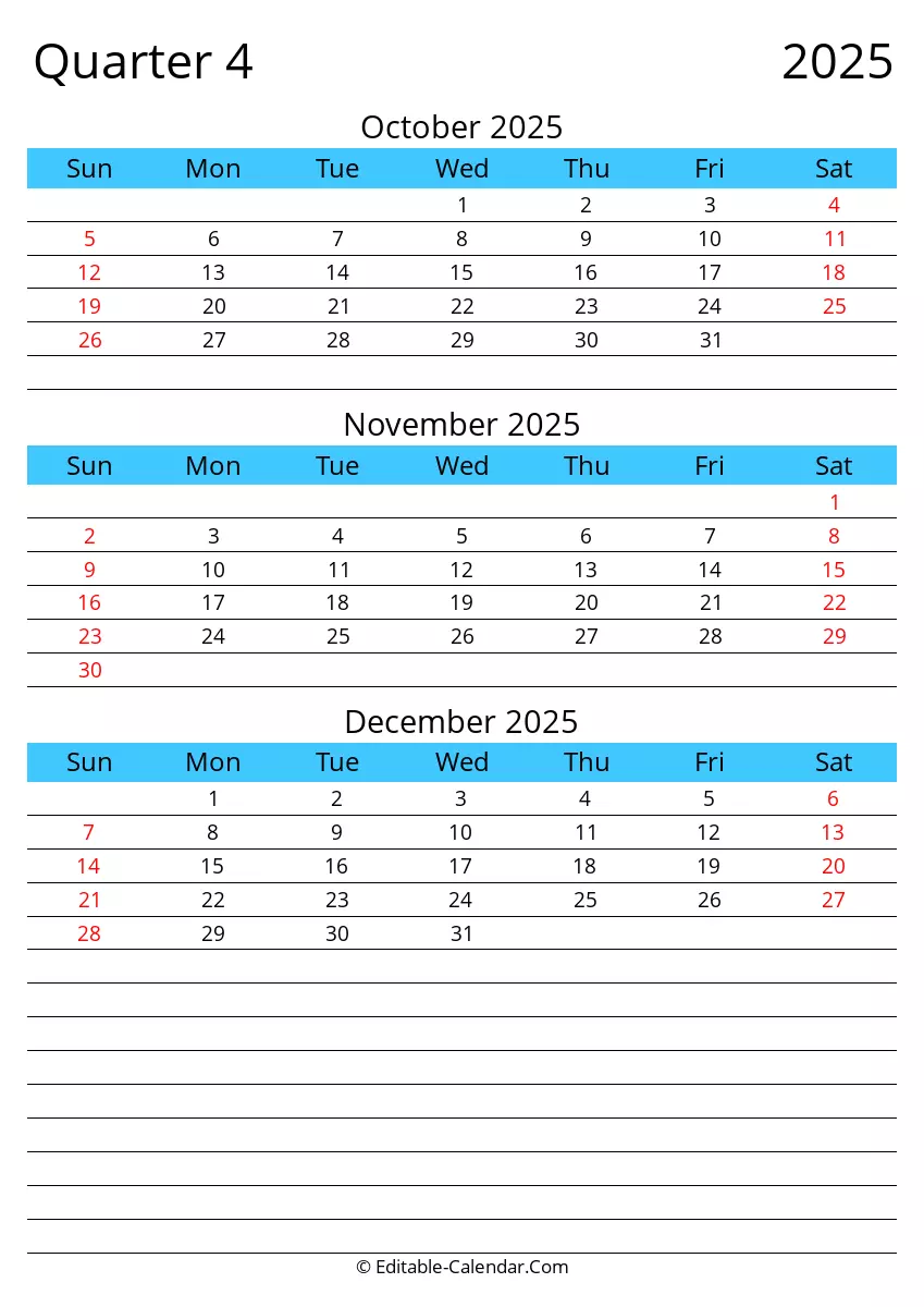Quarter 4 Of 2025 Editable Calendar In Excel Word PDF