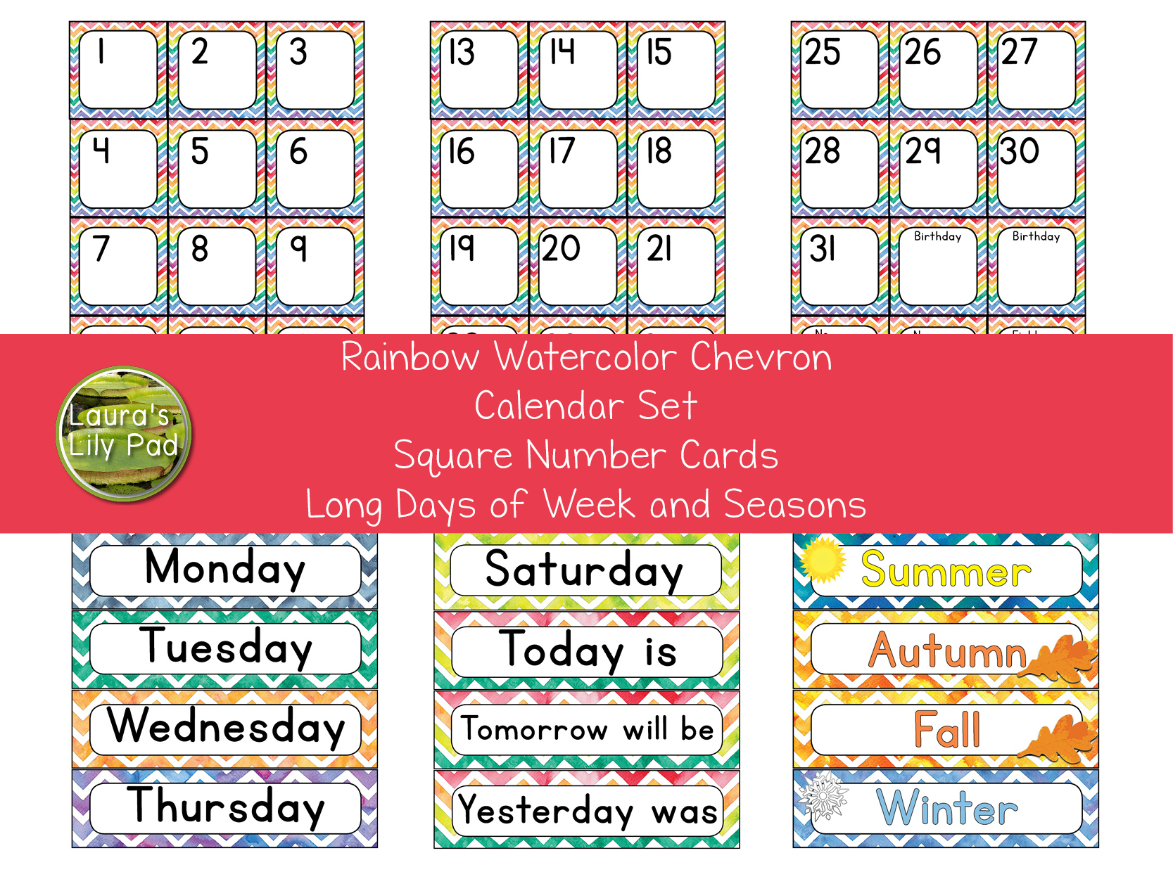 Rainbow Watercolor Chevron Calendar Set Made By Teachers