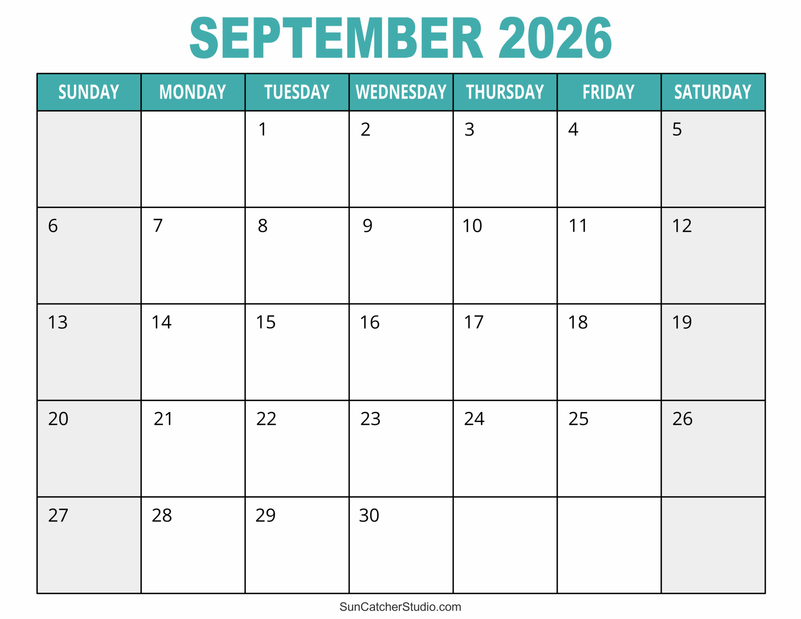 Blank September 2026 Calendar Preschool Printable