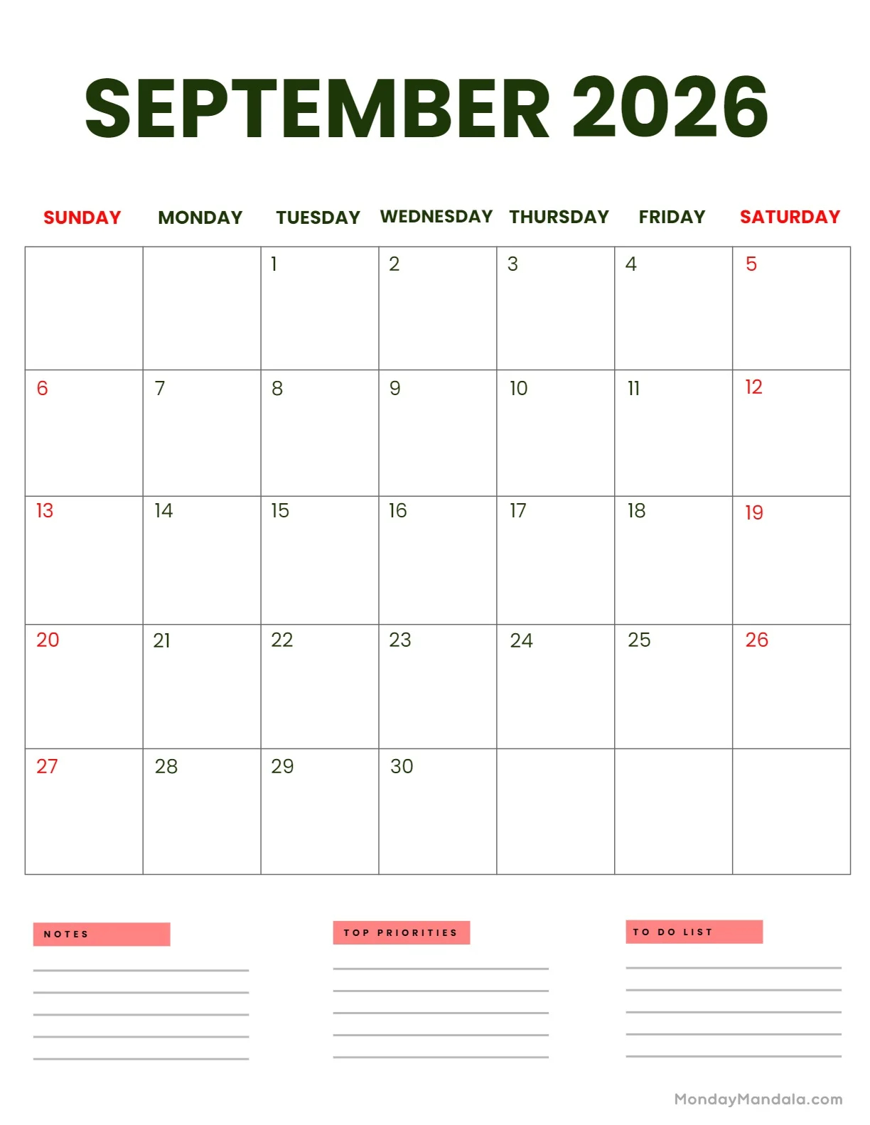 September 2026 Calendars 52 Free PDF Printables 