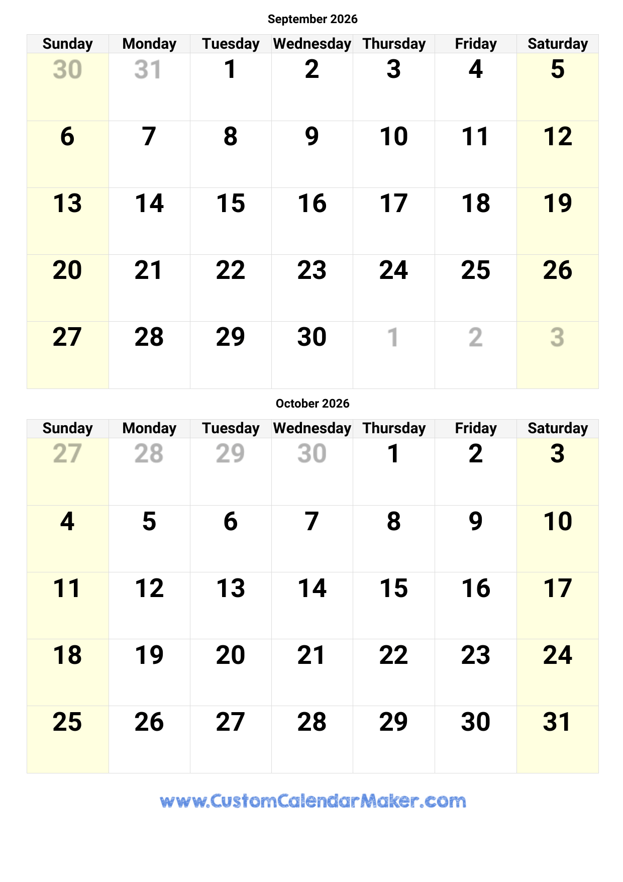 Blank Printable September 2026 Calendar