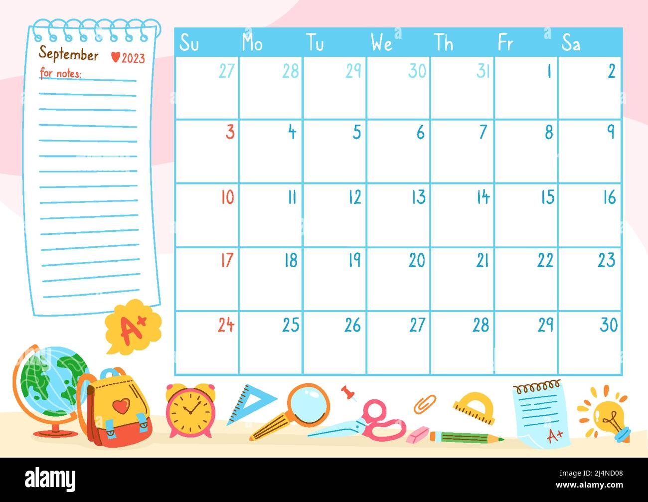 September Page Calendar Template Organizer 2023 Year With School Stationery Backpack Globe Alarm Clock Event Planner Diary Memory Education Scrapbook Paper Sticky Trendy Calendar For Planning Notes Stock Vector Image Art 