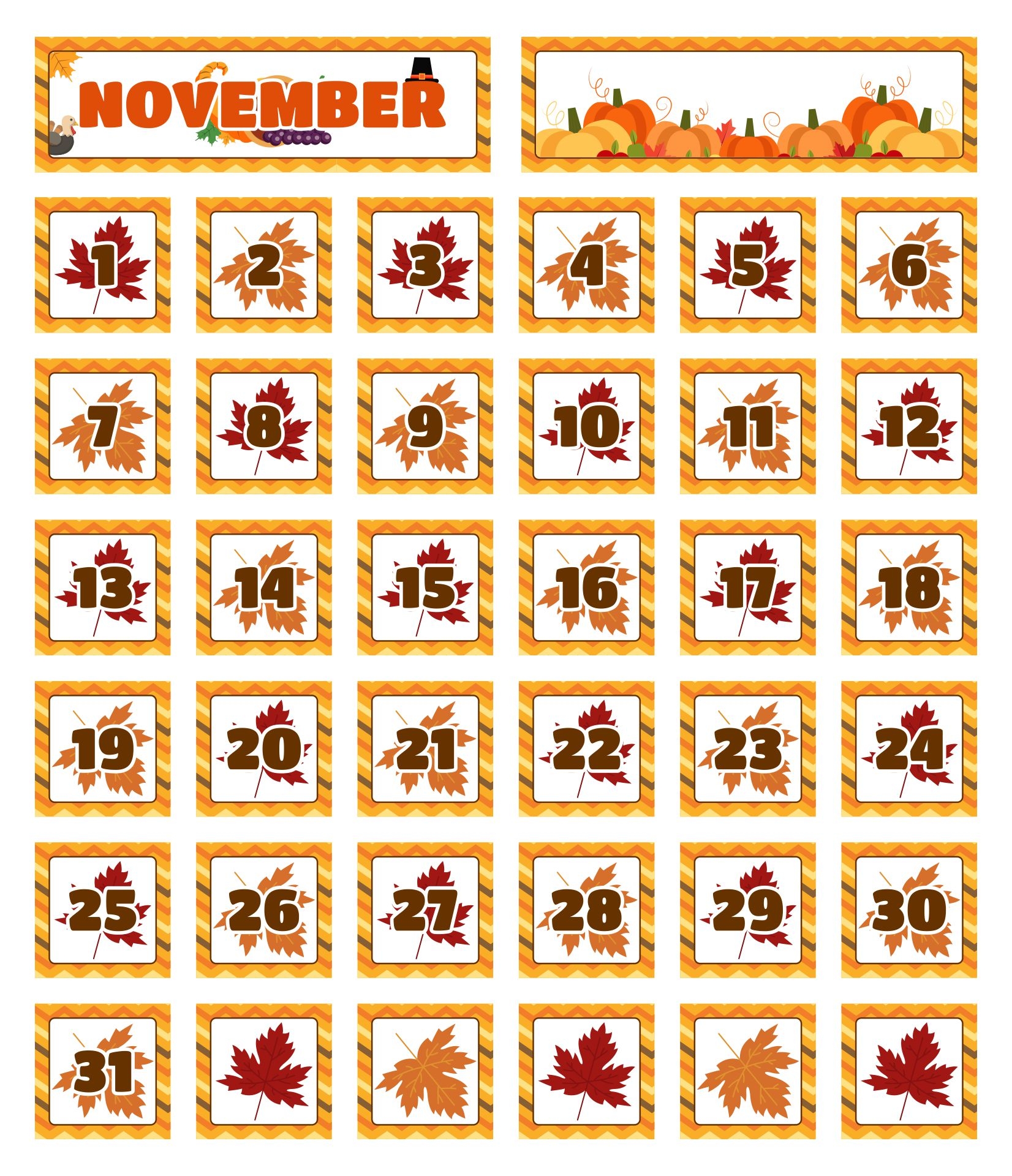 Free Printable November Calendar Pieces For Teachers