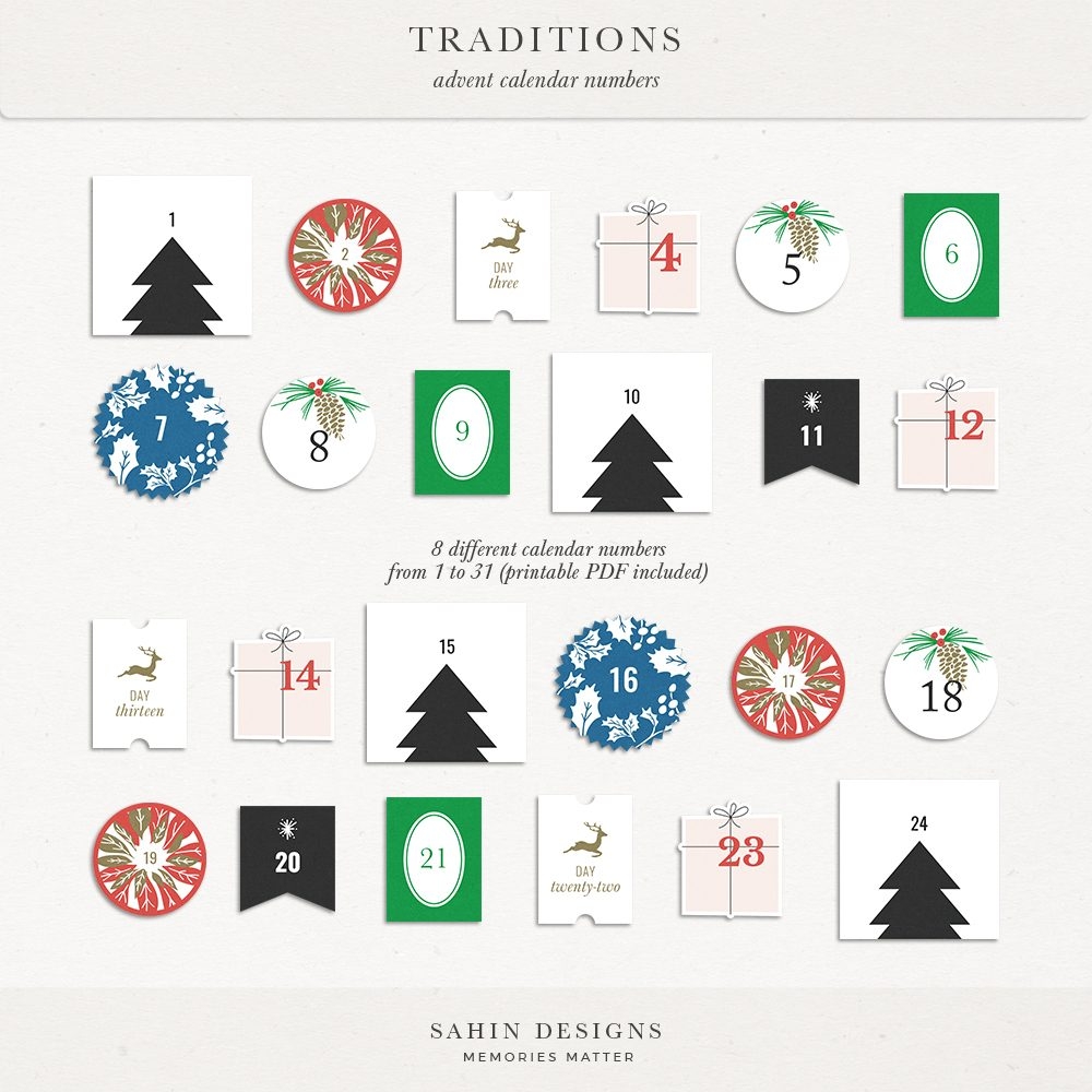 Traditions Digital Scrapbook Printable Advent Calendar Numbers Sahin Designs