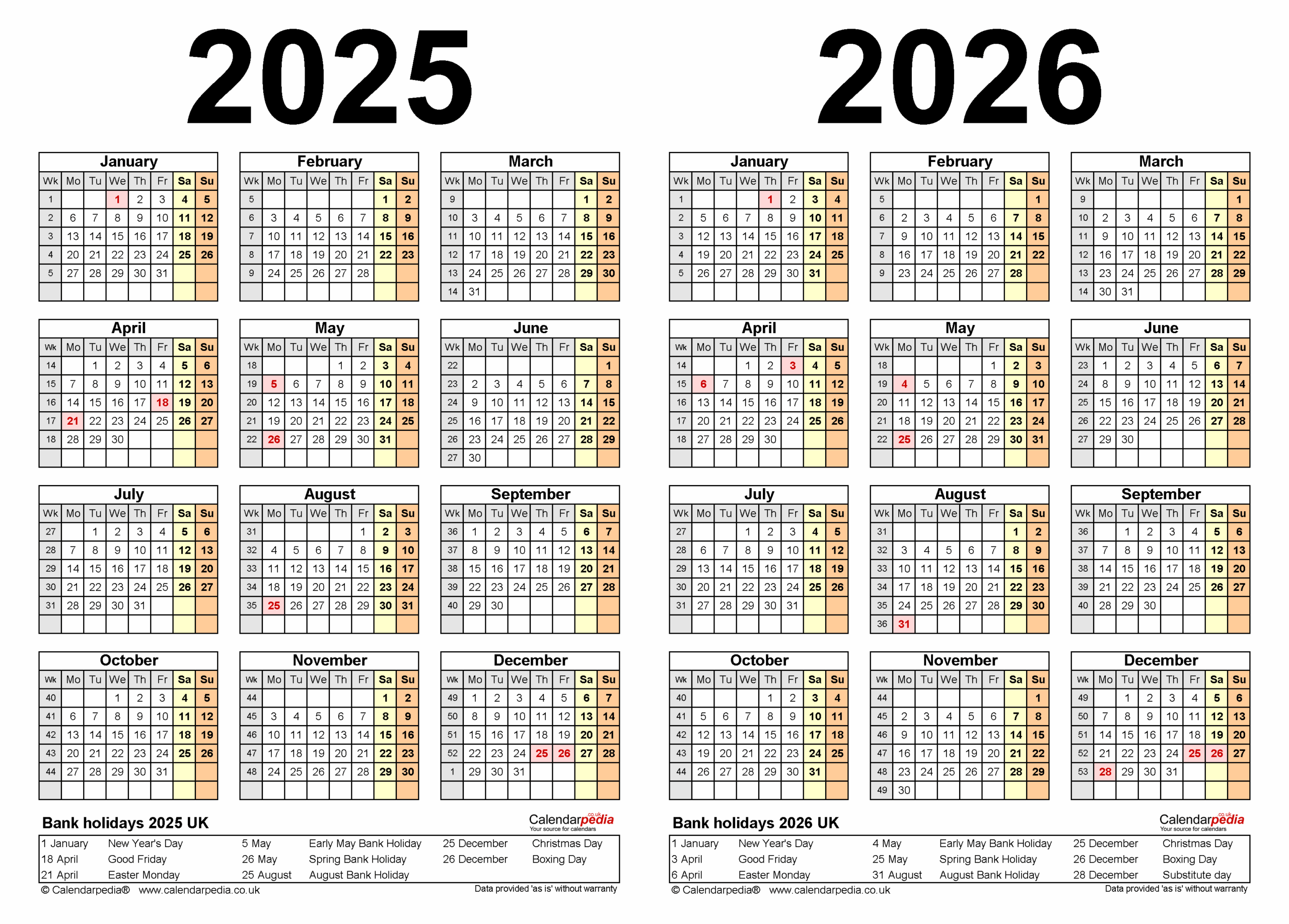 Two Year Calendars For 2025 And 2026 UK For PDF